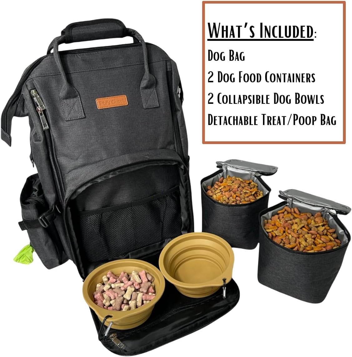 Tito's Closet Dog Travel Bag Includes Dog Travel Accessories 2-Pack Dog Travel Bowl, 2 Dog Food Containers, Dog Treat Bag (Black), DB2024