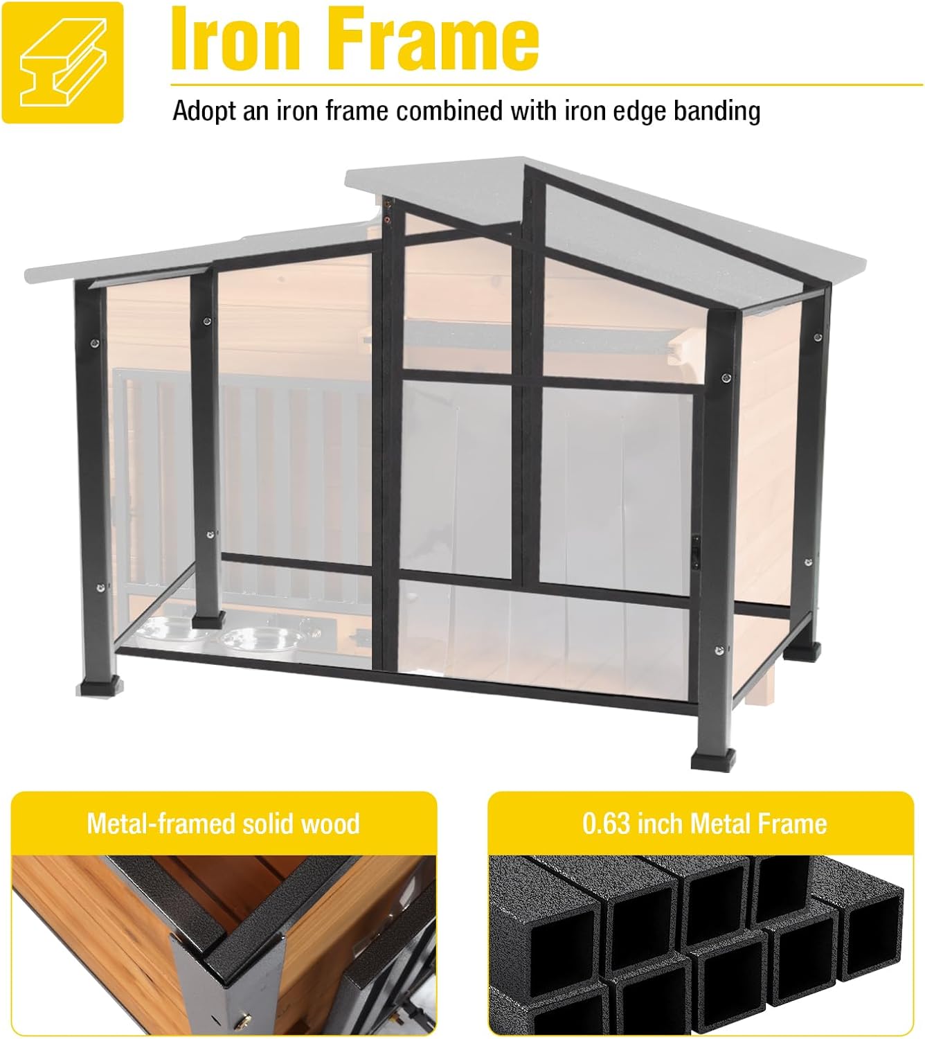 Chew-Resistant Dog House with Metal Frame, Wooden Kennel for Indoor & Outdoor Use, Waterproof Roof & Feeding Bowls Included (Wood, L-in)