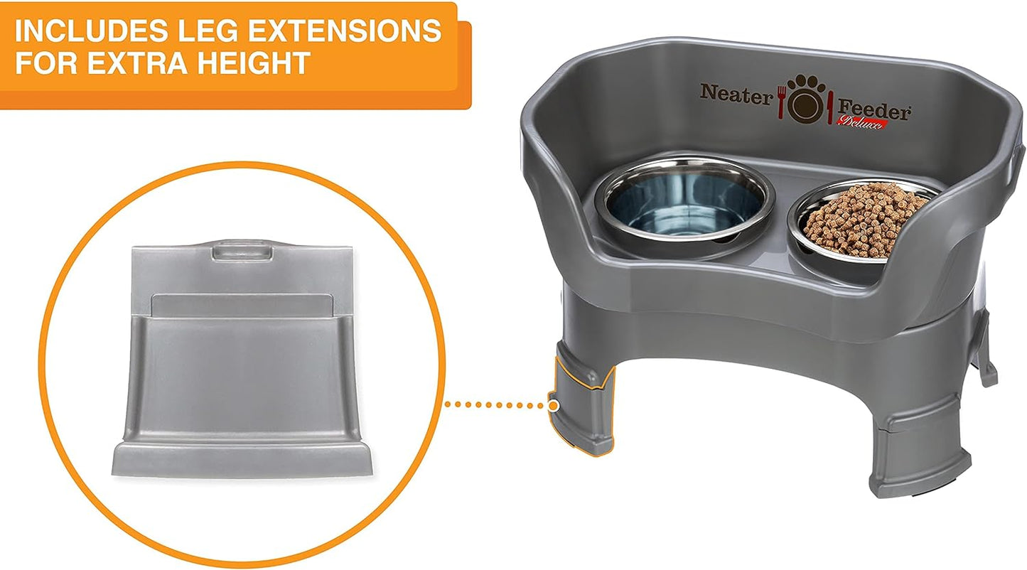Neater Feeder Deluxe Mess Proof Dog Bowls Elevated Medium Sized Dogs (19-40 lbs) Made in USA, No Spill Raised Dog Food Bowl Stand w/Leg Extension, Stainless Steel Food and Water Bowl Set, Grey