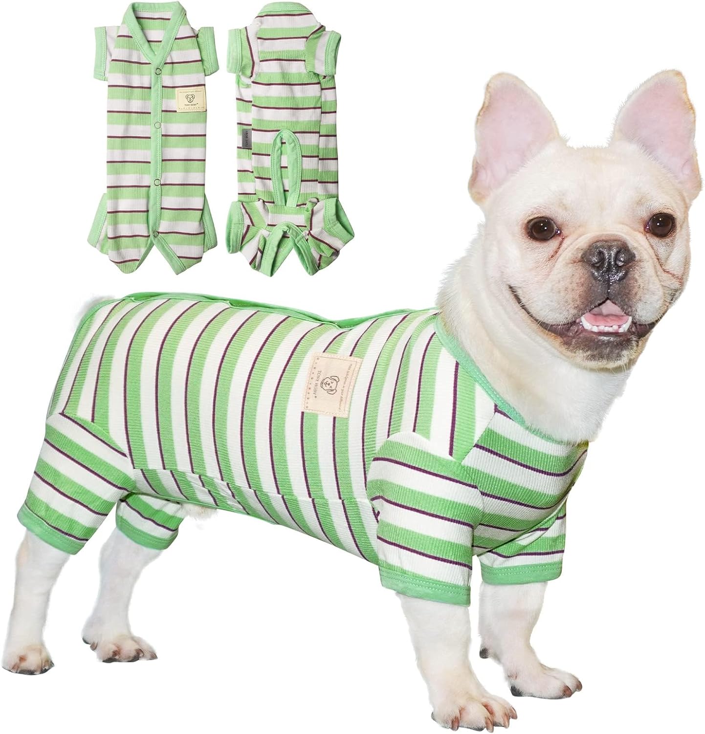 TONY HOBY Dog Pajamas, Male Dog Jumpsuit with Green Stripe, Dogs Clothes for Small Medium Size Dogs (Green&White, Boy, S)