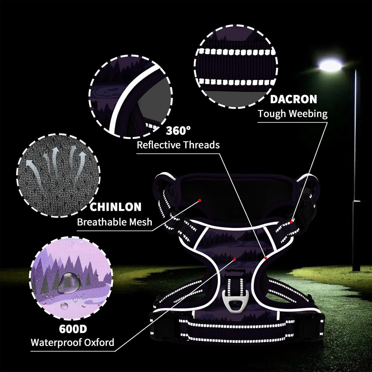 Timos Dog Harness,No-Pull Pet Harness Adjustable Soft Padded Dog Vest,Reflective No-Choke Pet Oxford Vest with Easy Control Handle for X-Large Dogs,Moon Night,XL