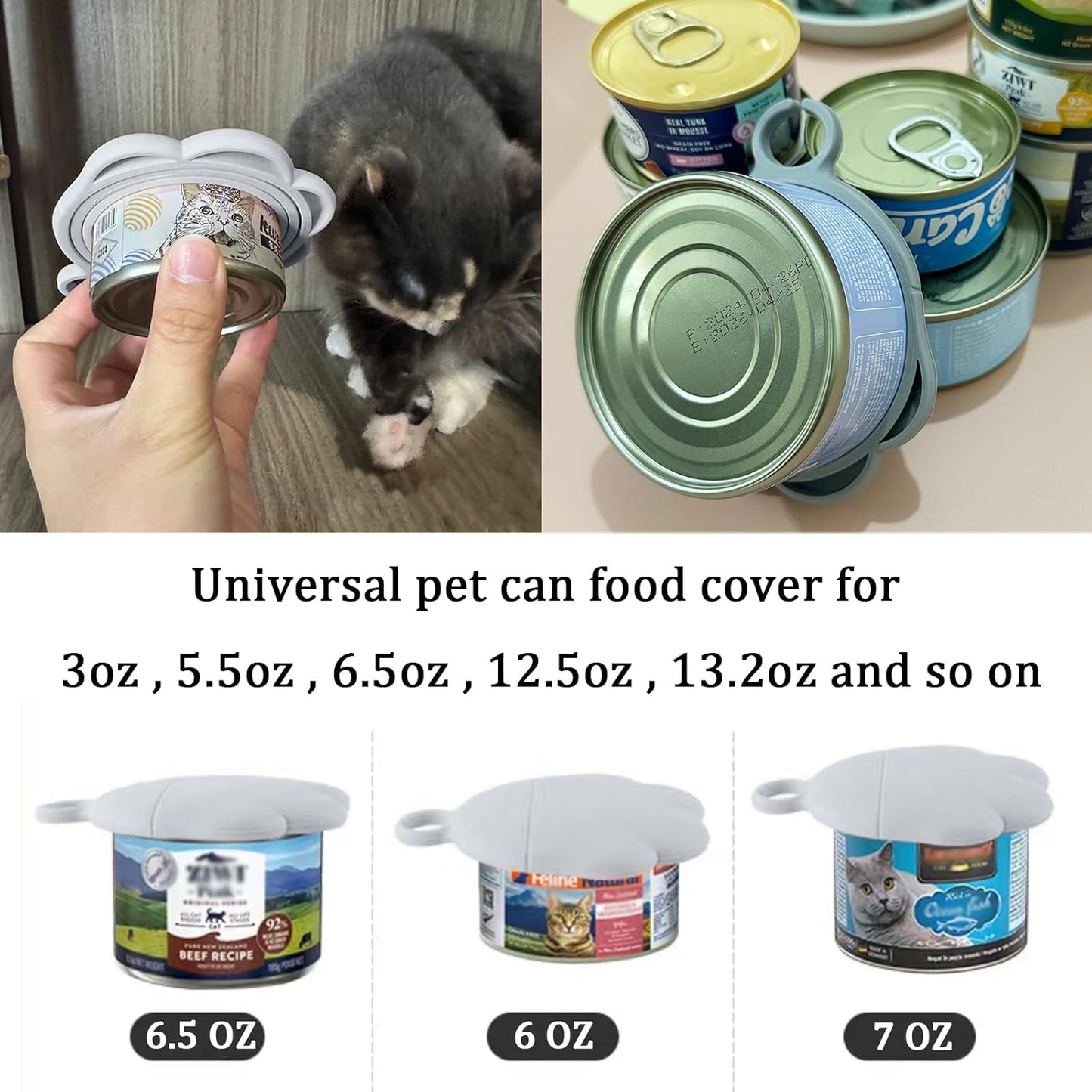3 Pcs Cat Food Can Covers & One Can Opener | Cute Paw Shape Can Covers and Opener Spatula Cat Wet Food Spoon | Universal BPA Free Silicone Can Food Spoon & Covers for Dog Cat Cans(Grey)