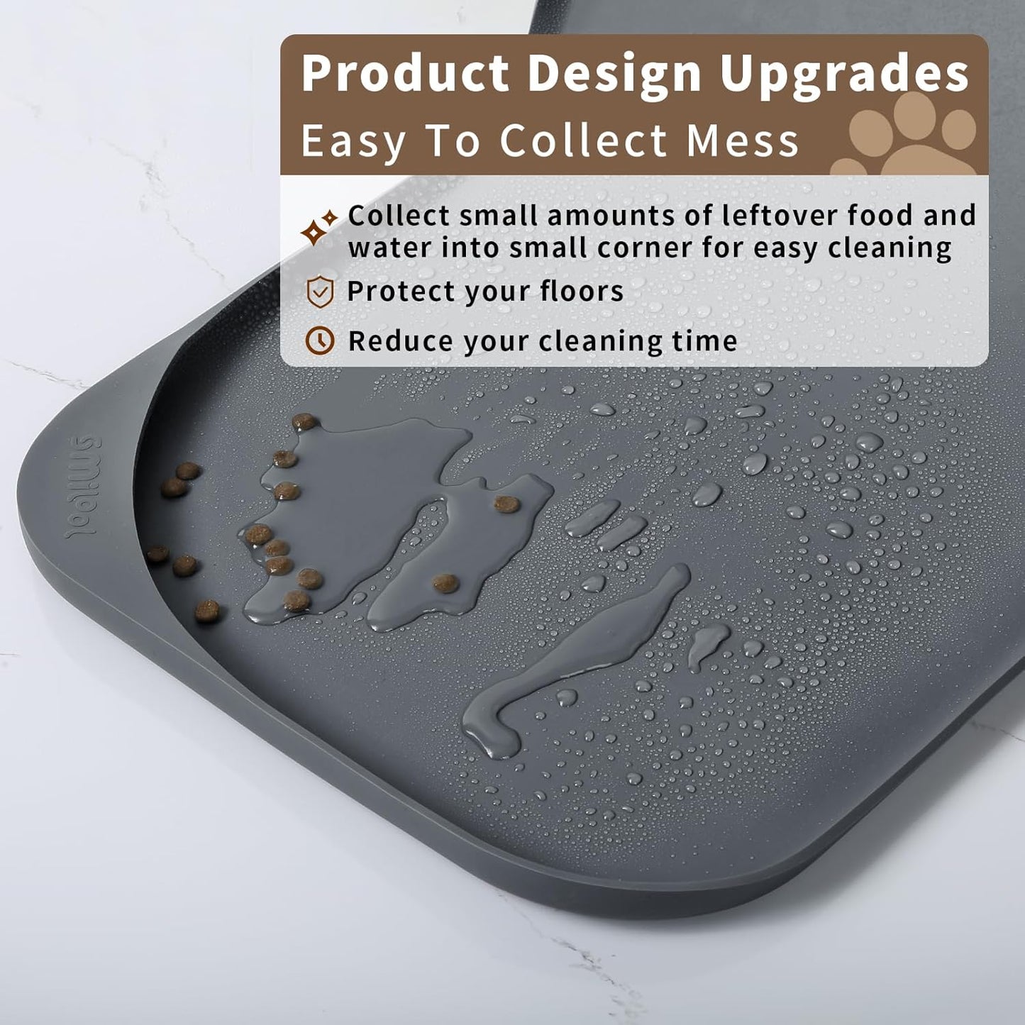 Silicone Pet Feeding Mat with Raised Edge & Residue Collection Pocket for Food and Water, Dog Bowl Mats, Cat Bowls Placemat with High Lip for Floor Waterproof, 22 x 14 x 0.8 Grey