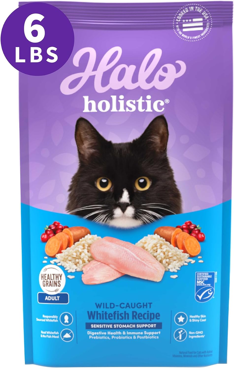 Halo Holistic Cat Food Wild Caught Salmon & Whitefish Formula, Healthy Grains Dry Cat Food, For Sensitive Stomach Support, Kibble for Adult Cats, 6 lb Bag