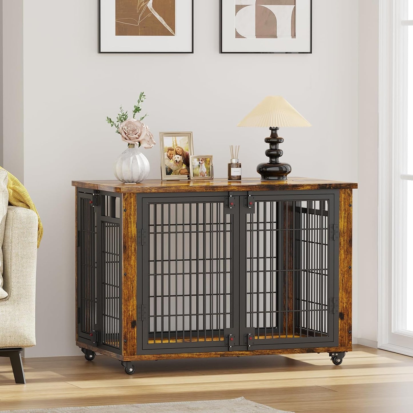 EasyCom 90% Pre-Assembled 33" Small and Meidum Dog Kennel Indoor Furniture, Wooden Dog Crate Furniture with Top-Access Teasing/Feeding Doors, for Medium and Small Breed, with Wheels Moveable