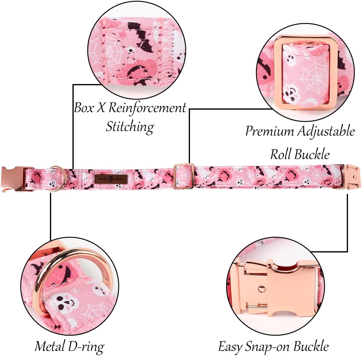 Lionet Paws Halloween Dog Collar, Cute Fall Pink Dog Collar for Large Dogs, Adjustable Cotton Pumpkin Ghost Pet Collars for Medium Large Dogs