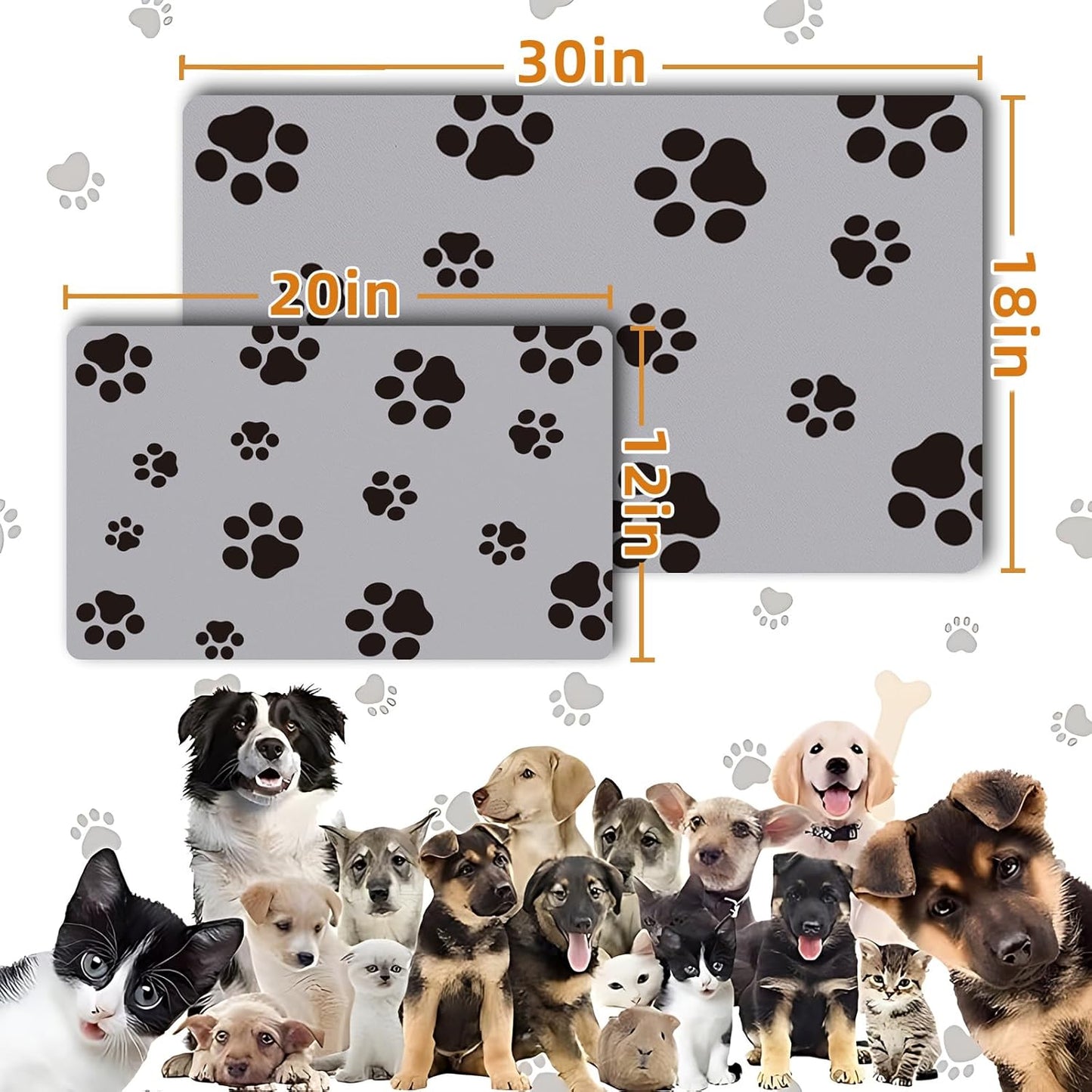 Pet Feeding Mat Dog Cat Food Mat for Floors Waterproof Food and Water Bowl Mats for Indoor Absorbent Non-Slip Dog Food Mat Quick Dry Pet Food Mats 12x20in Light Gray