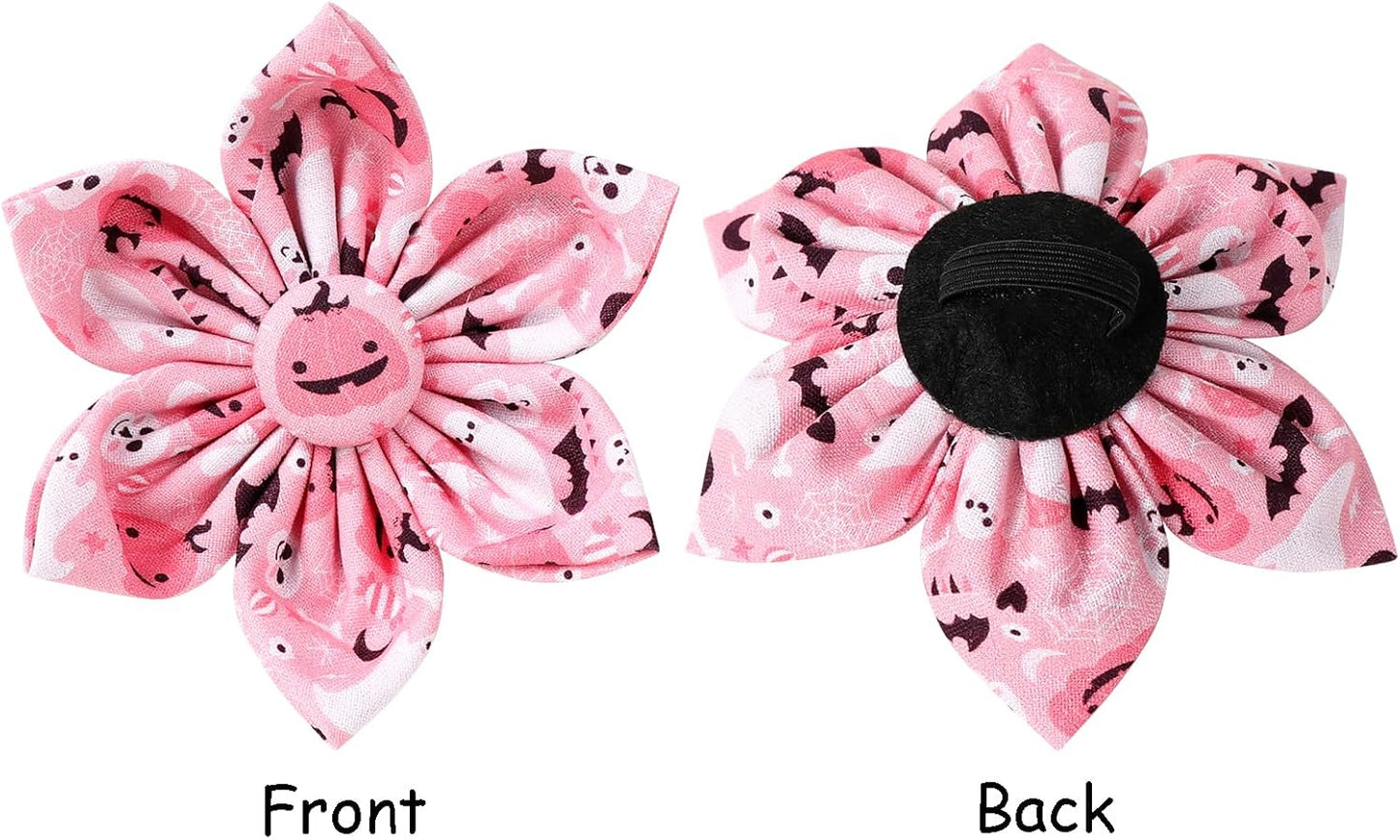 Lionet Paws Halloween Dog Collar With Flower - Cute Fall Pink Adjustable Cotton Pumpkin Ghost Pet Collar for Small Girl Puppies