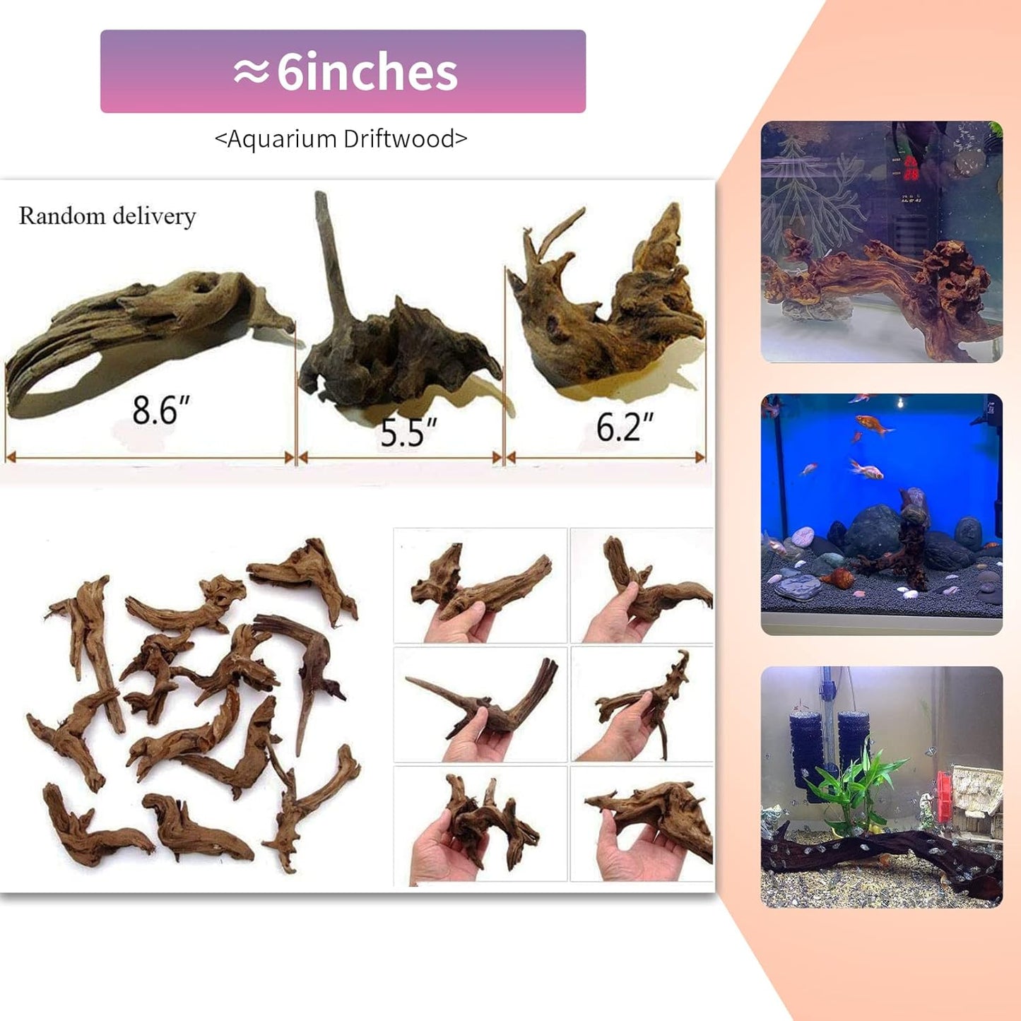 5 Pcs Driftwood Branches Aquarium Wood Decoration Natural Fish Tank Habitat Decor Wood for Lizard Assorted Size-Small