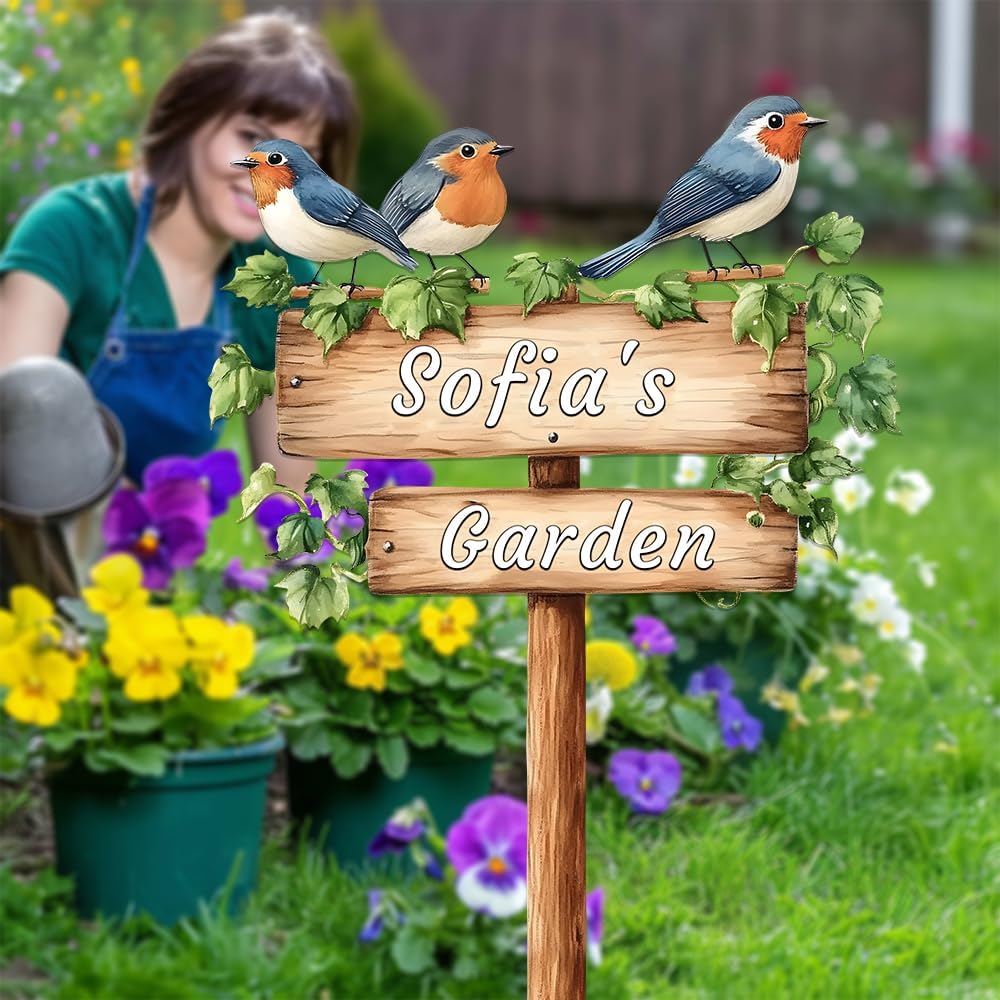 Personalized Bird Metal Sign with Stake,Custom Gardener Last Name Signs Outdoor Decor,Customized Flower Gardening Housewarming Gifts,Birds on the Branch Plaques for Patio Lawn Porch Backyard Farmhouse