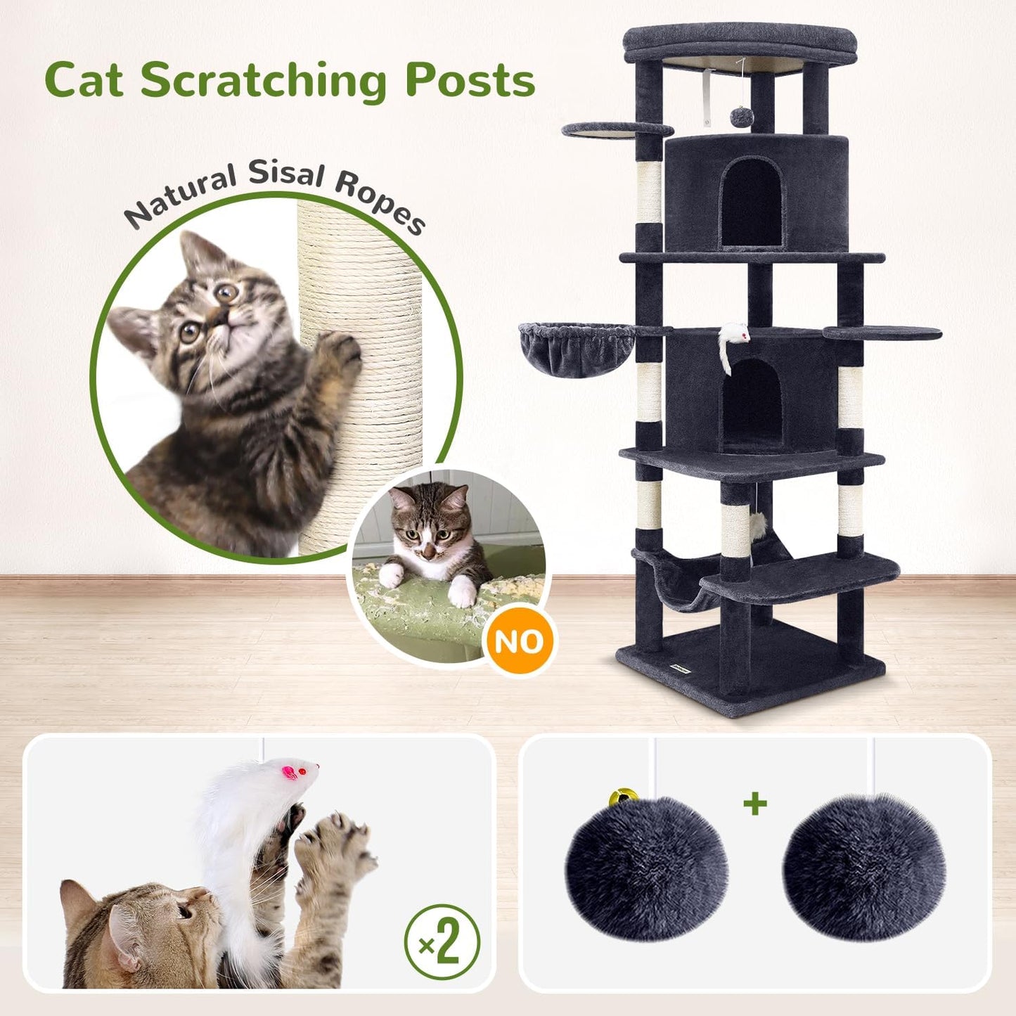 Globlazer Corner Cat Tree for Large Cats, 66inch Tall Curved Series Large Cat Tower for Multiple Indoor Cats with 6 Scratching Posts, 2 Spacious Cat Condos, Hammock, Hanging Basket, C66, Dark Grey