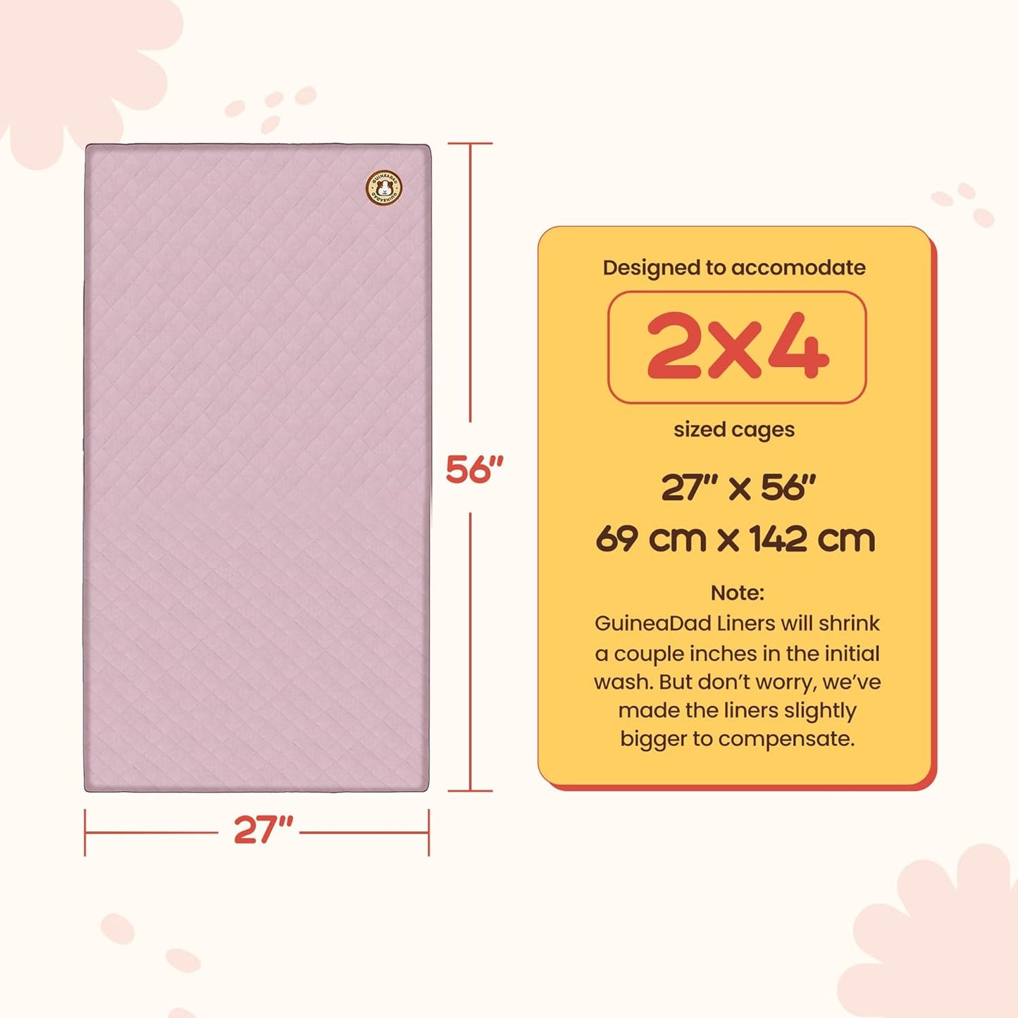 GuineaDad Premium Liner – Fleece Guinea Pig Cage Liner – Ultra-Plush Reusable Fleece Bedding with Waterproof Bottom – Extra Absorbent Liner for 2x4 C&C Cage (Blush)