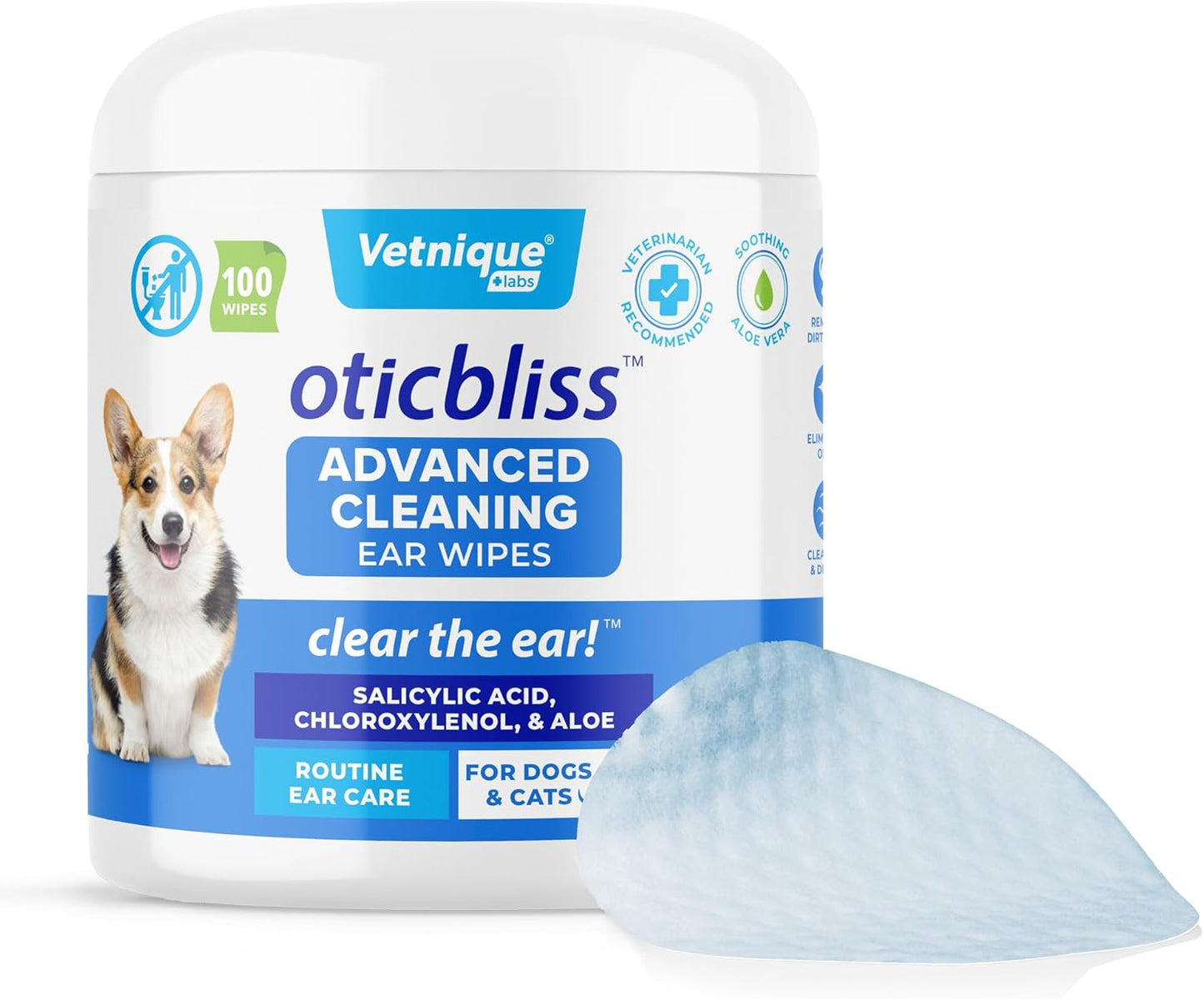 VETNIQUE Oticbliss Advanced Cleaning Ear Wipes for Dogs & Cats for Odor Control, Dirt and Wax Removal with Soothing Aloe Vera, Drying Agent and Vitamin E, Clear the Ear 100ct Wipes
