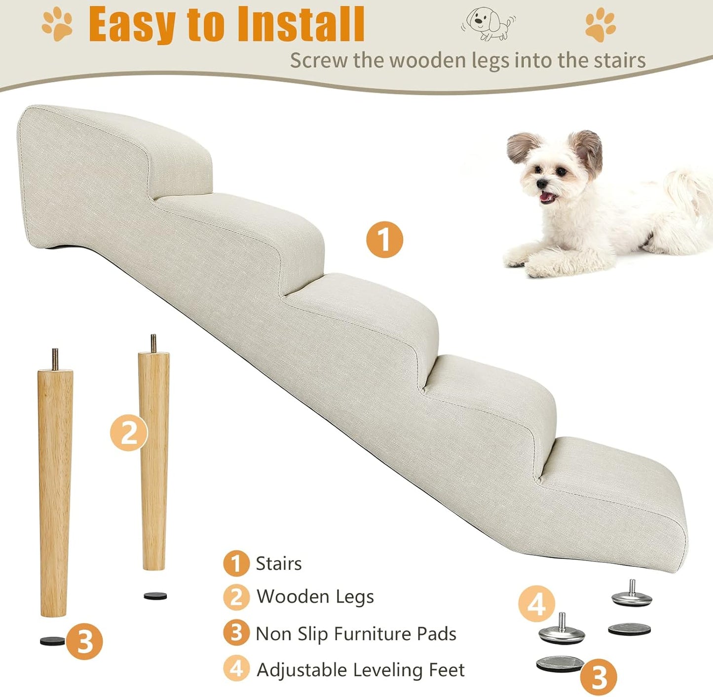 Senneny Imitation Linen Faux Leather Dog Stairs, for Pets up to 150 lbs, Waterproof, Scratch Resistant Pet Steps/Stairs with High Density Foam and Detachable Wooden Legs, Light Beige Linen, 5 Step