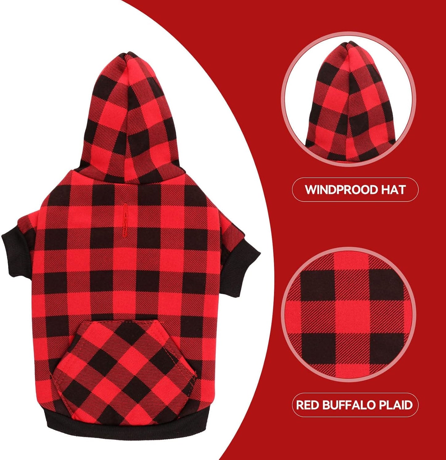 Dog Hoodie Sweater Red Buffalo Plaid Pet Clothes Warm and Soft Breathable Cozy Large Pet Sweater Dog Hoodies for Large Dogs with Pocket(L)