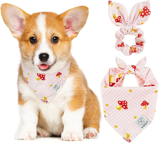 E-Clover Pink Buffalo Plaid Dog Bandanas & Matching Scrunchie Set Girl Cute Dog Scarf Bibs Pet Bandana with Bow Tie for Small Dogs Puppy Owner Mom