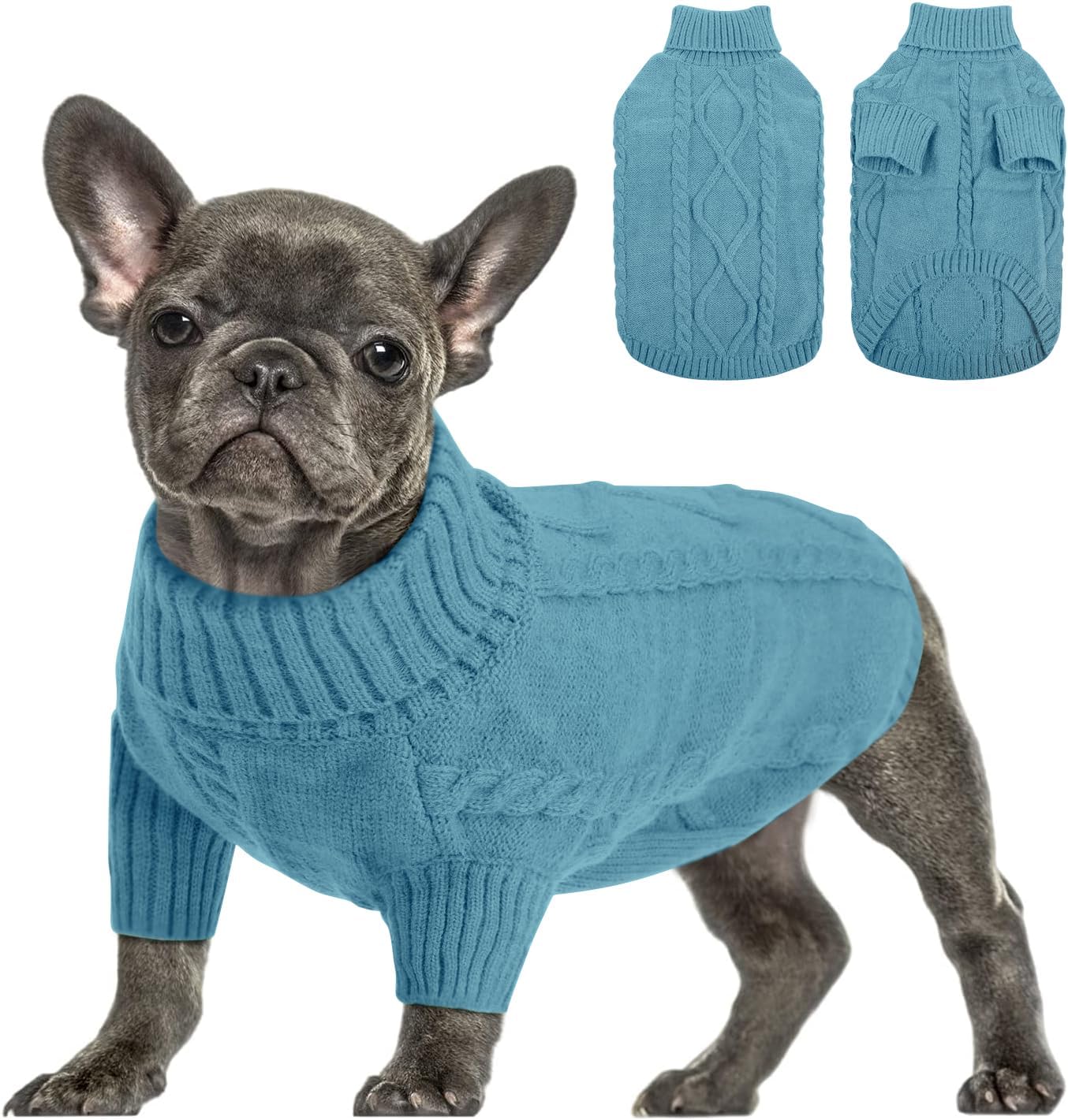 Queenmore Small Dog Pullover Sweater, Cold Weather Cable Knitwear, Classic Turtleneck Thick Warm Clothes for Chihuahua, Bulldog, Dachshund, Pug (Peacock Blue, Medium)