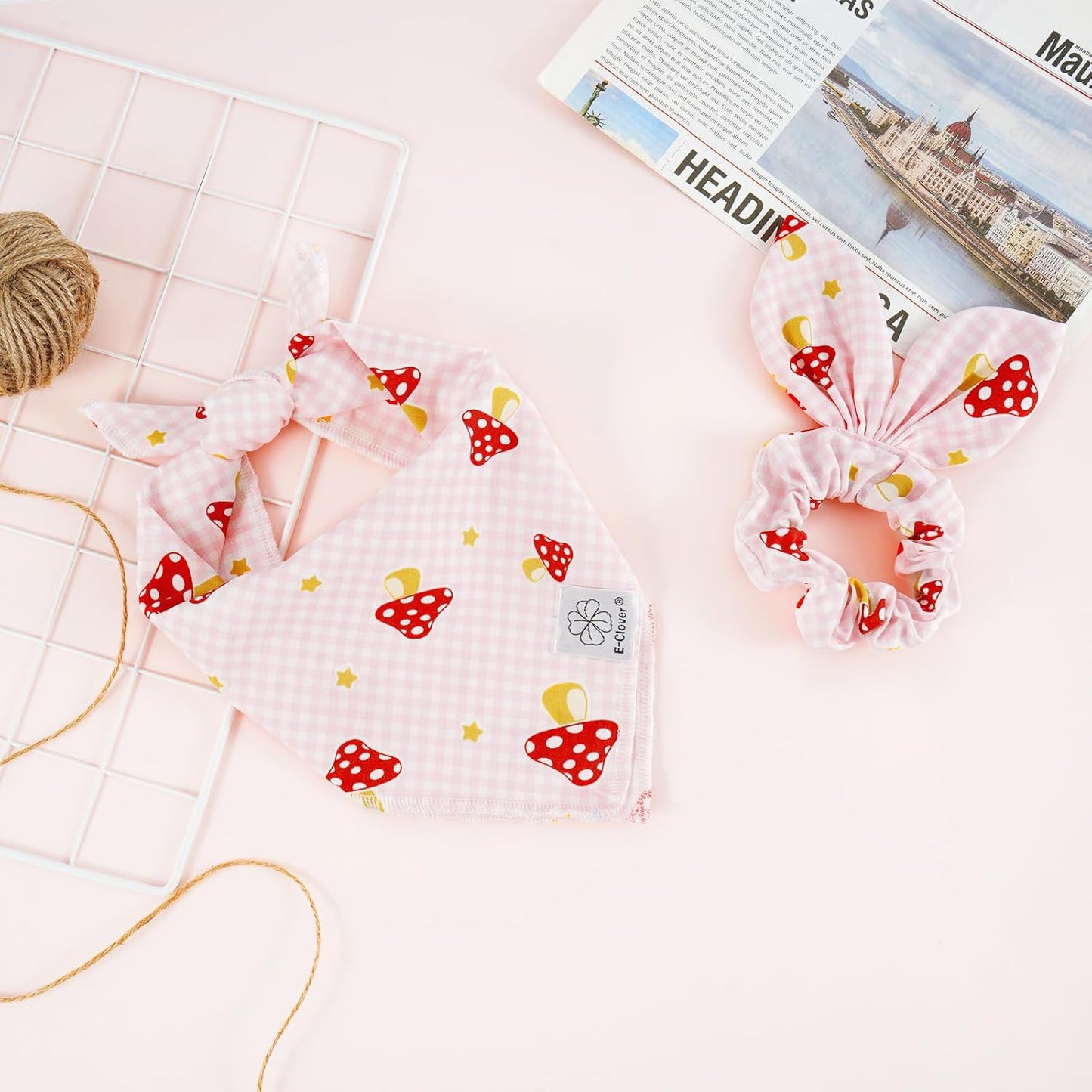 E-Clover Pink Buffalo Plaid Dog Bandanas & Matching Scrunchie Set Cute Dog Scarf Bibs Girl Pet Bandana with Bow Tie for Medium Large Dogs Owner Mom