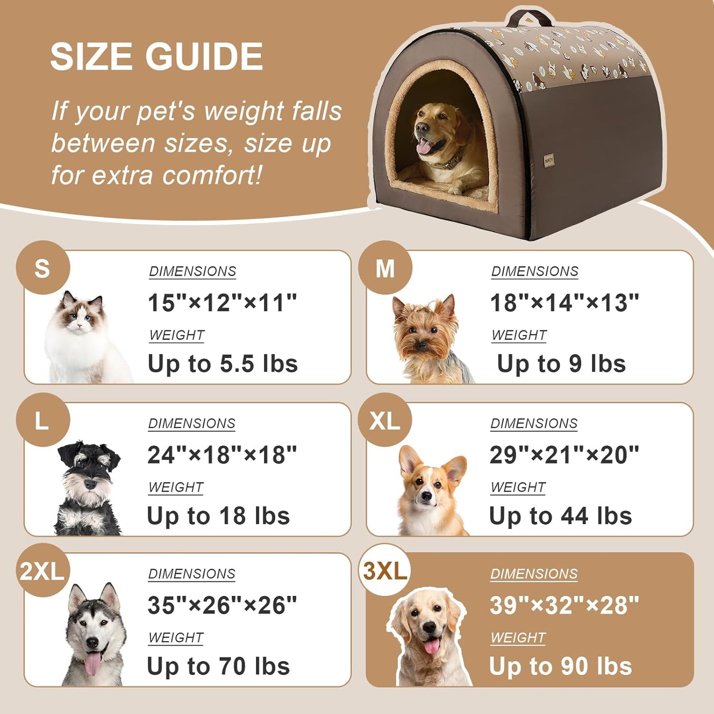 Jiupety 2 in 1 Dog House Indoor, Comfy Cave Bed Covered Dog Bed, Portable House for Large Dogs, 3XL(39"×32"×28"), Up to 90 Lb, Brown