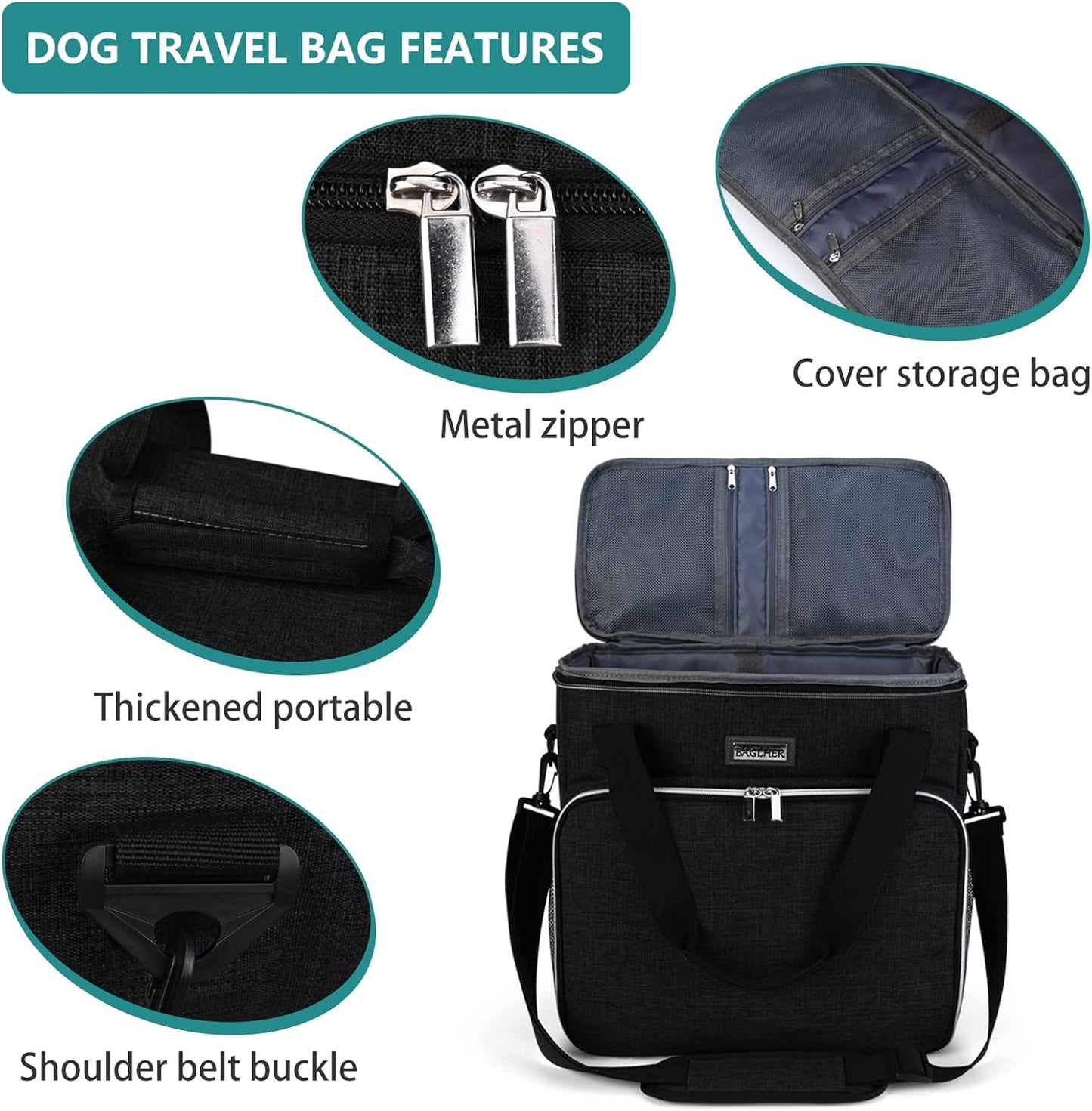 BAGLHER Dog Travel Bag, Pet Travel Bag (All Pet Travel Supplies), with 2 Pet Food Containers and 2 Collapsible Silicone Bowls; Essential Kits for Pet Travel Black