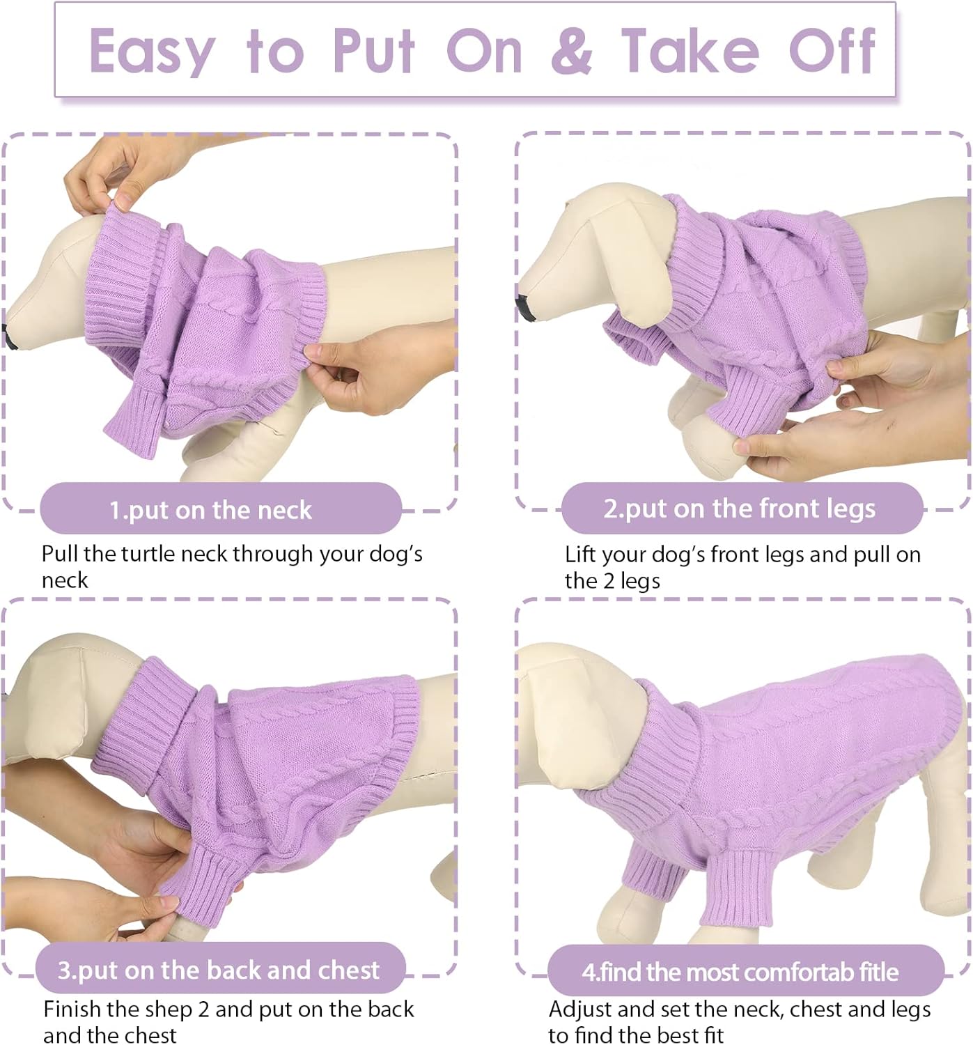 Queenmore Small Dog Pullover Sweater, Cold Weather Cable Knitwear, Classic Turtleneck Thick Warm Clothes for Chihuahua, Bulldog, Dachshund, Pug (Lilac, Large)