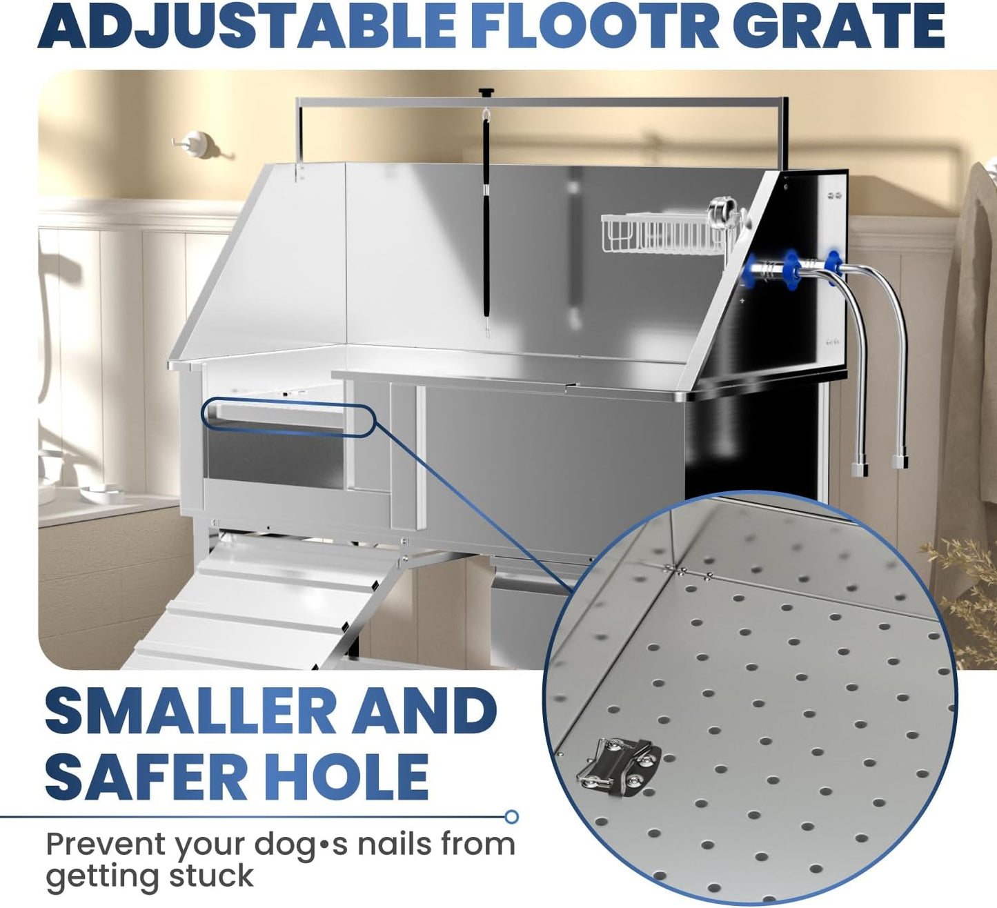 Professional 46" Dog Washing Station, Stainless Steel Dog Bathing Station, Height Adjustable Dog Wash Station, Storage Drawer, Upgrade Parts, Home, Commercial (Left Ramp)