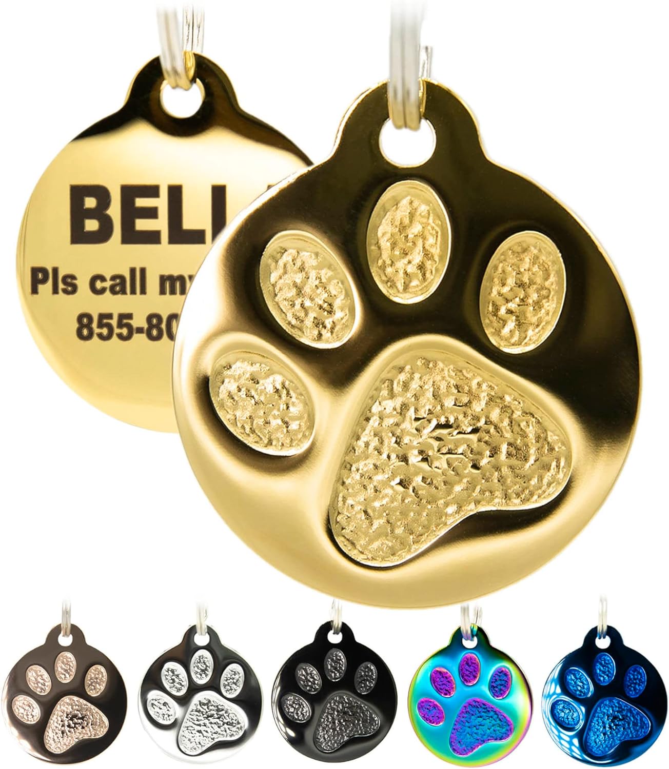 Engraved Pet Tag for Dogs and Cats - Personalized Front & Back up to 4 Lines of Text Custom Engraved ID, Round Paw Print Solid Plating Stainless Steel Gold Regular