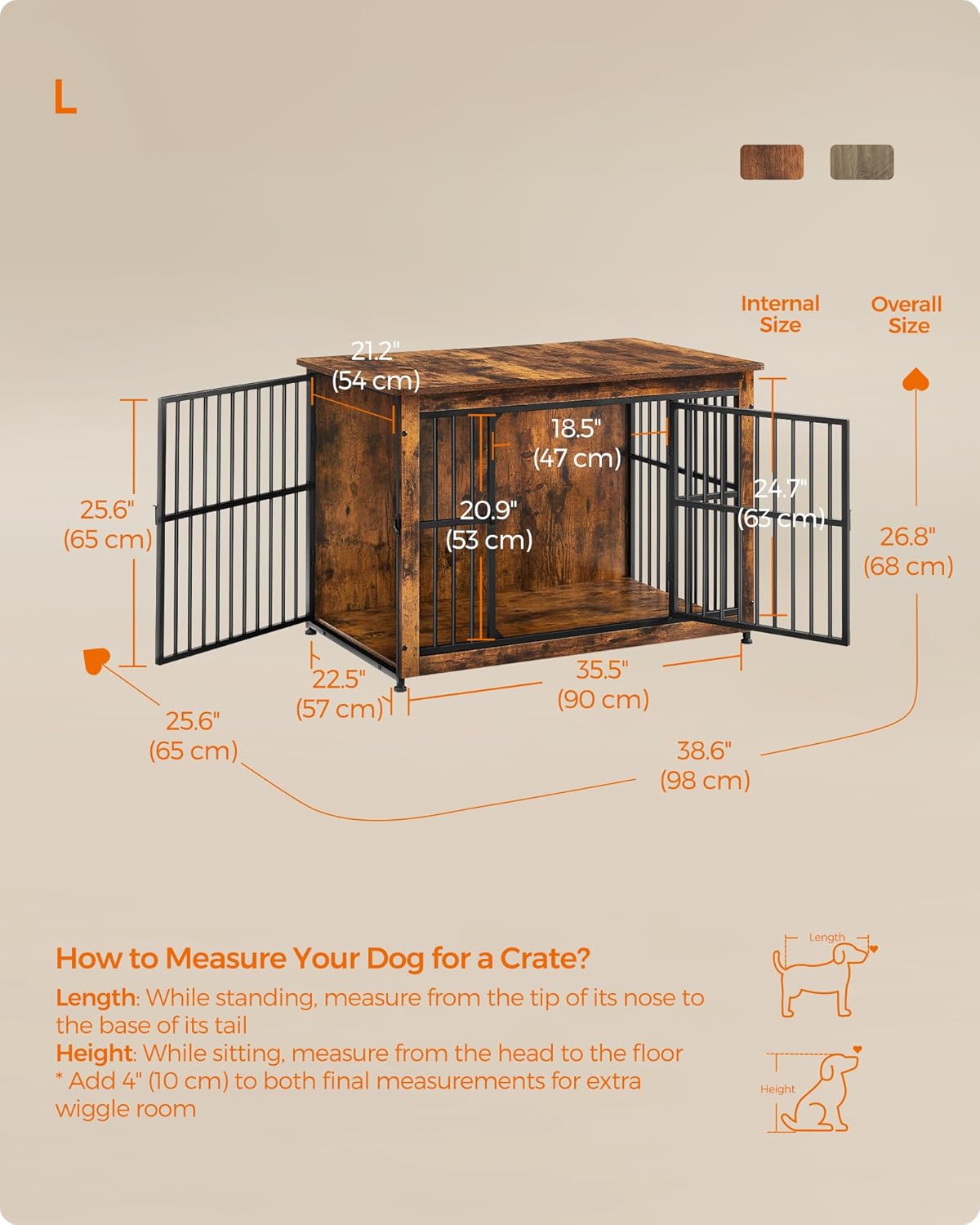 Feandrea Dog Crate Furniture, 38.6" Side End Table, Modern Kennel for Dogs Indoor up to 70 lb, Heavy-Duty Dog Cage with Enclosed Base, Double-Door Dog House, Rustic Brown UPFC023X01