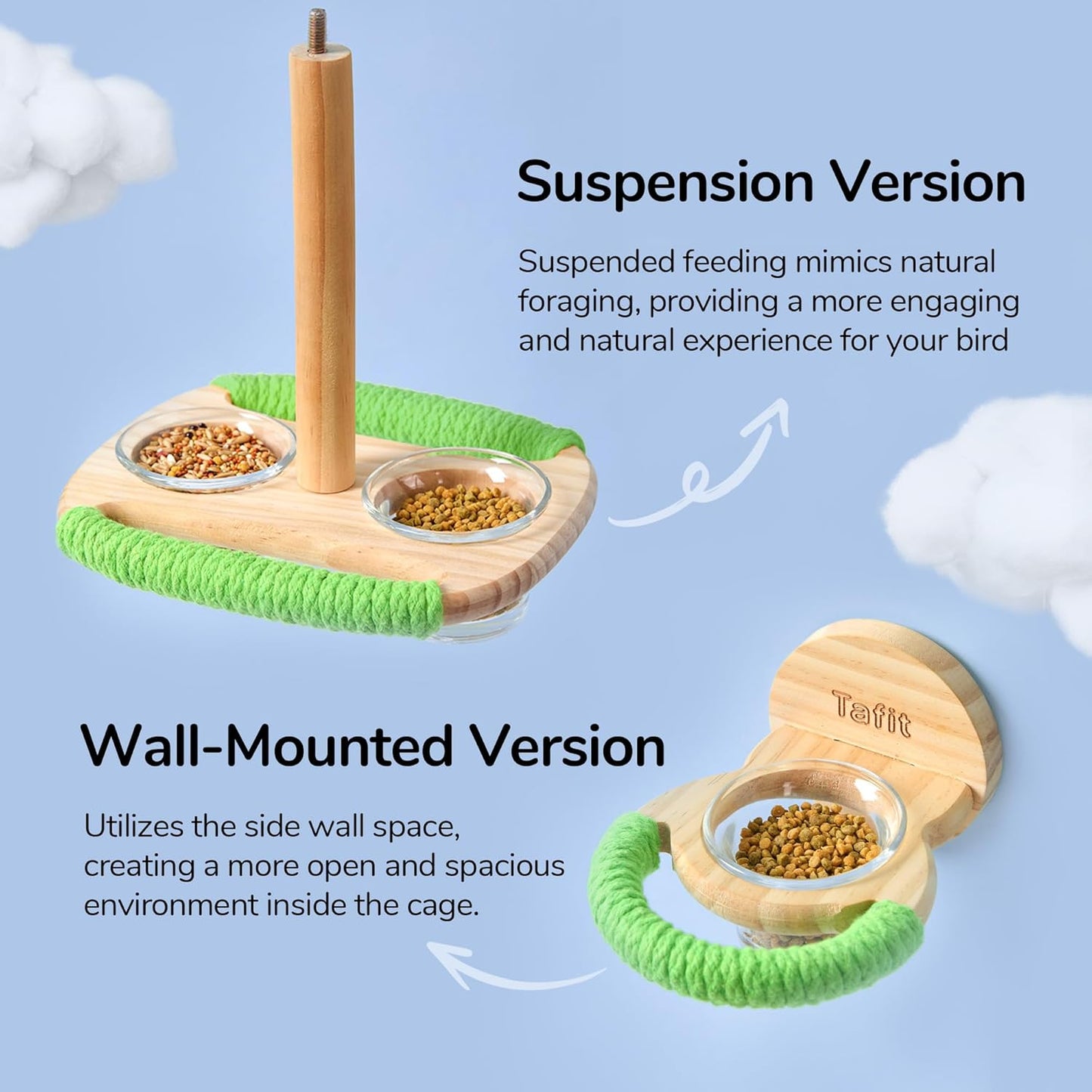 Bird Feeder & Perch – Includes Cotton Rope Perch and Glass Feeding Cup – Cage Accessory for Cockatiels, Budgies, Lovebirds, Conures, Canaries, Finches, and Small Parrots