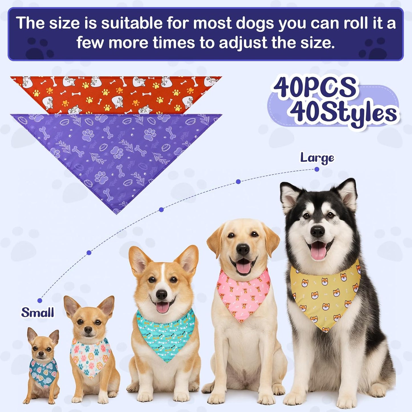 40Pcs Dog Bandanas Bulk, Puppy Bandana Pet Cats, Bandanas for Dogs Triangle Kerchief Bibs for Small Medium Large Pets (25 x 17 x 17 Inches)