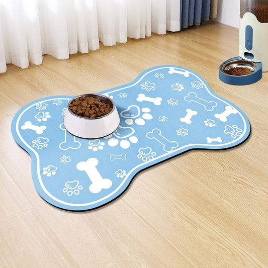 Dog Cat Mat for Food and Water,Rapid Absorbent Pet Feeding Mat, Bone Shaped Dog Placemat Bowl Mat with Rubber Backing,No Stains Pet Food Mats Indoor, Pet Accessories Supplies,Blue 17"×29"