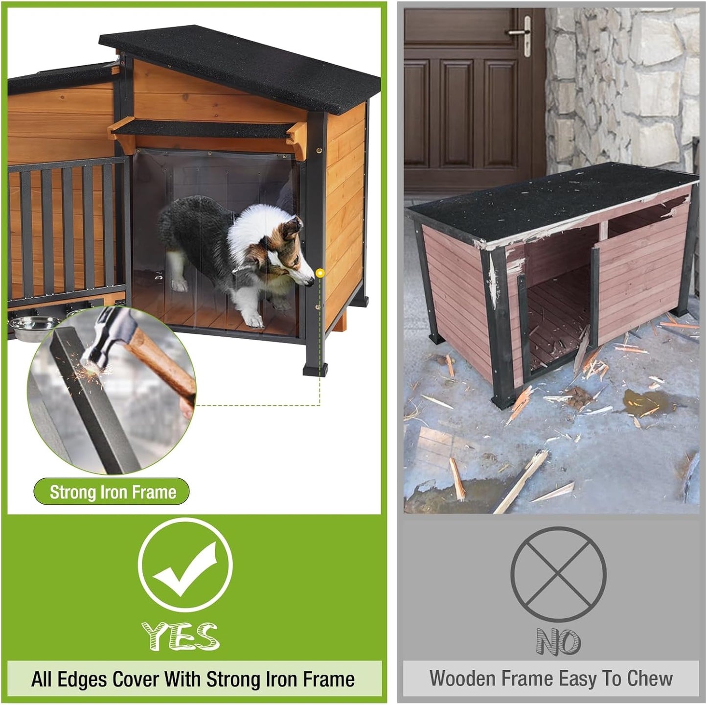 GUTINNEEN Dog House Outdoor Dog Kennel with Chew-Proof Metal Frame, Rotating Food Bowl, PVC Door Curtain, Weatherproof for Small Medium Dogs, 39.7" L x 25.5" W x 32.2" H (Dark Brown)