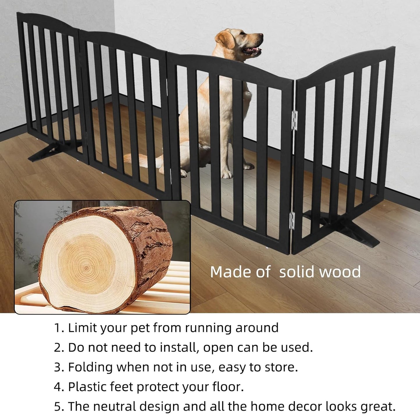 ZJSF Foldable Freestanding Indoor Dog Gate for House Wood Long Pet Gates Dog Fence for Stairs Puppy Gates for Hallways, Puppy Gate,Support Feet Included, Black, 32 "Height-4 Panels