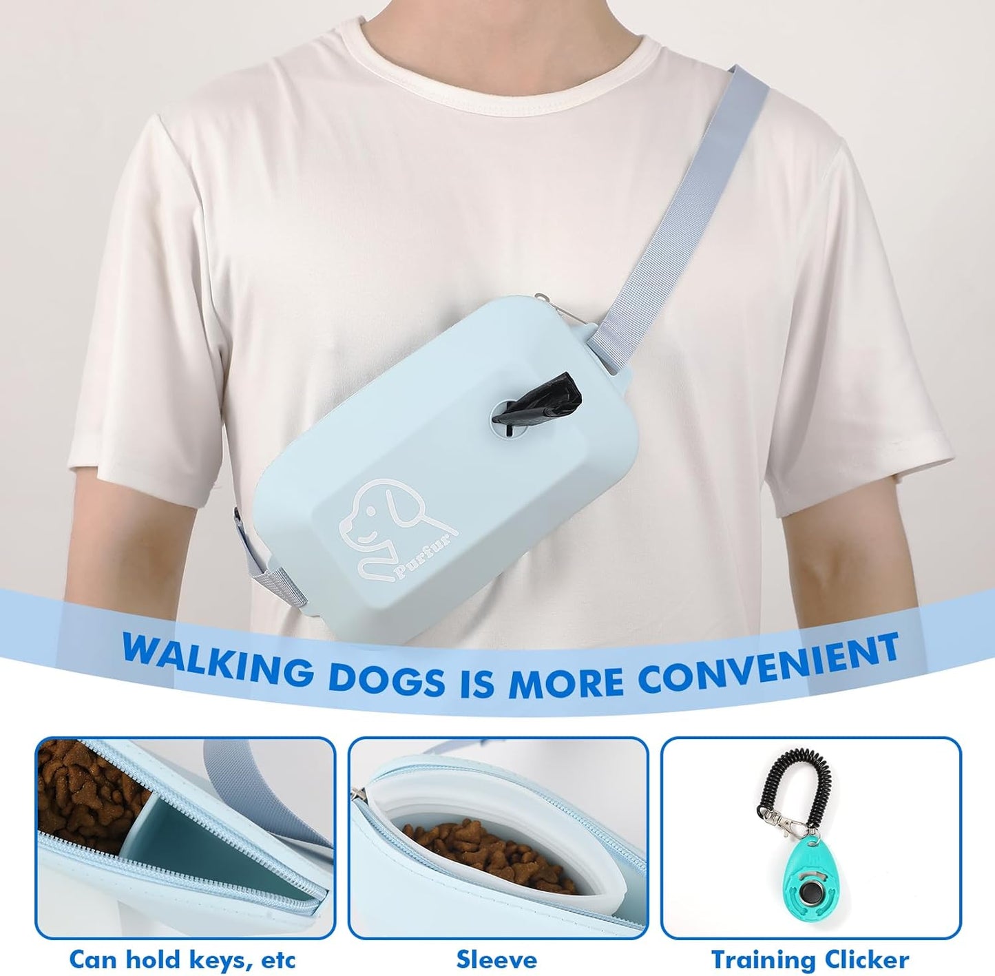 Dog Treat Pouch with Clicker & Poop Bag Holder – Waterproof Silicone, Adjustable Waist Belt for Training & Walking – Puppy Treat Pouch for Pet Training (Blue)
