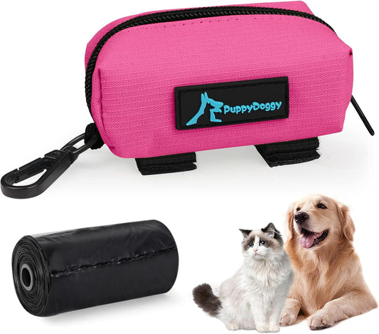 PuppyDoggy 1 Pack Poop Bag Holder for Dogs & Cats Waste Bag Dispenser Pouch with 1 Roll of Free Poop Bags - Dog Leash Accessory & Bicycle (Pink)