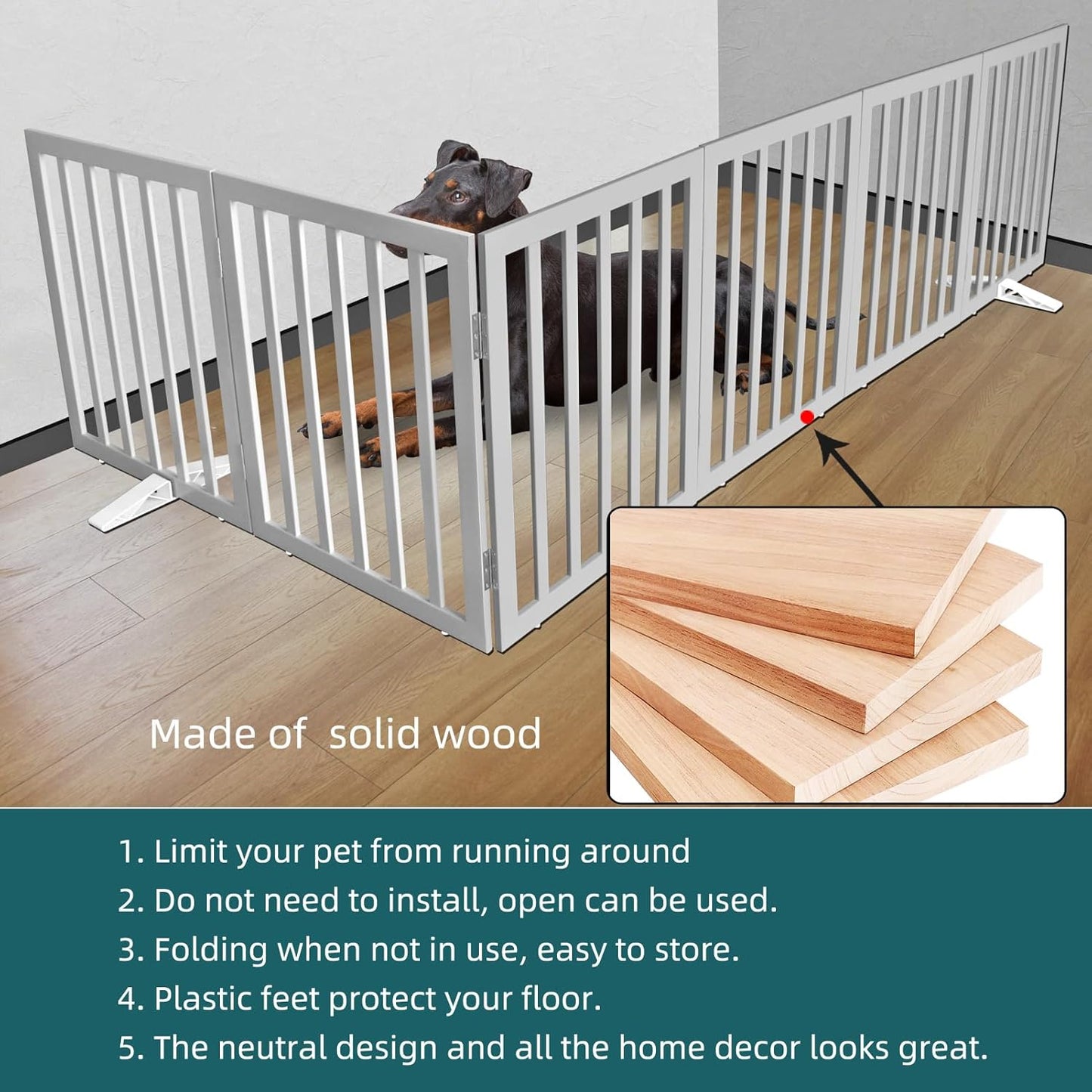 ZJSF Freestanding Indoor Dog Gate for House Foldable Wood Puppy Gate for Doorways Pet Gate for Stairs Extra Wide Pet Fence, Grey, 24" Height 6 Panels