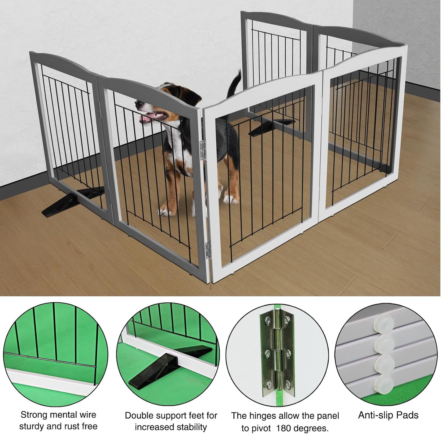ZJSF Freestanding Dog Fence Indoor, Foldable Dog Gate for Doorways, Stairs or Hallways, Sturdy Wood Extra Wide Pet Gate with Support Feet for The House, Grey, 24 "Height-6 Panels