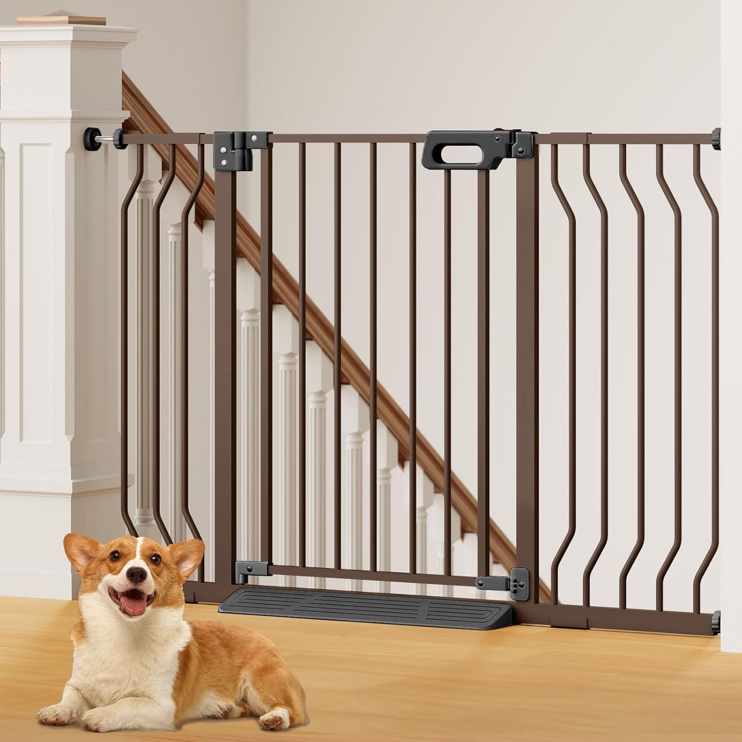 Mom's Choice-GROWNSY Baby Gate for Stairs, 29.5"-48.4" Pressure Mounted Baby Gate for Top of Stair&Doorway with V-Shaped Rods, Anti-Trip Pedal,Wide Stairs Dog Gate Easy Install w/Red Reminder,Brown