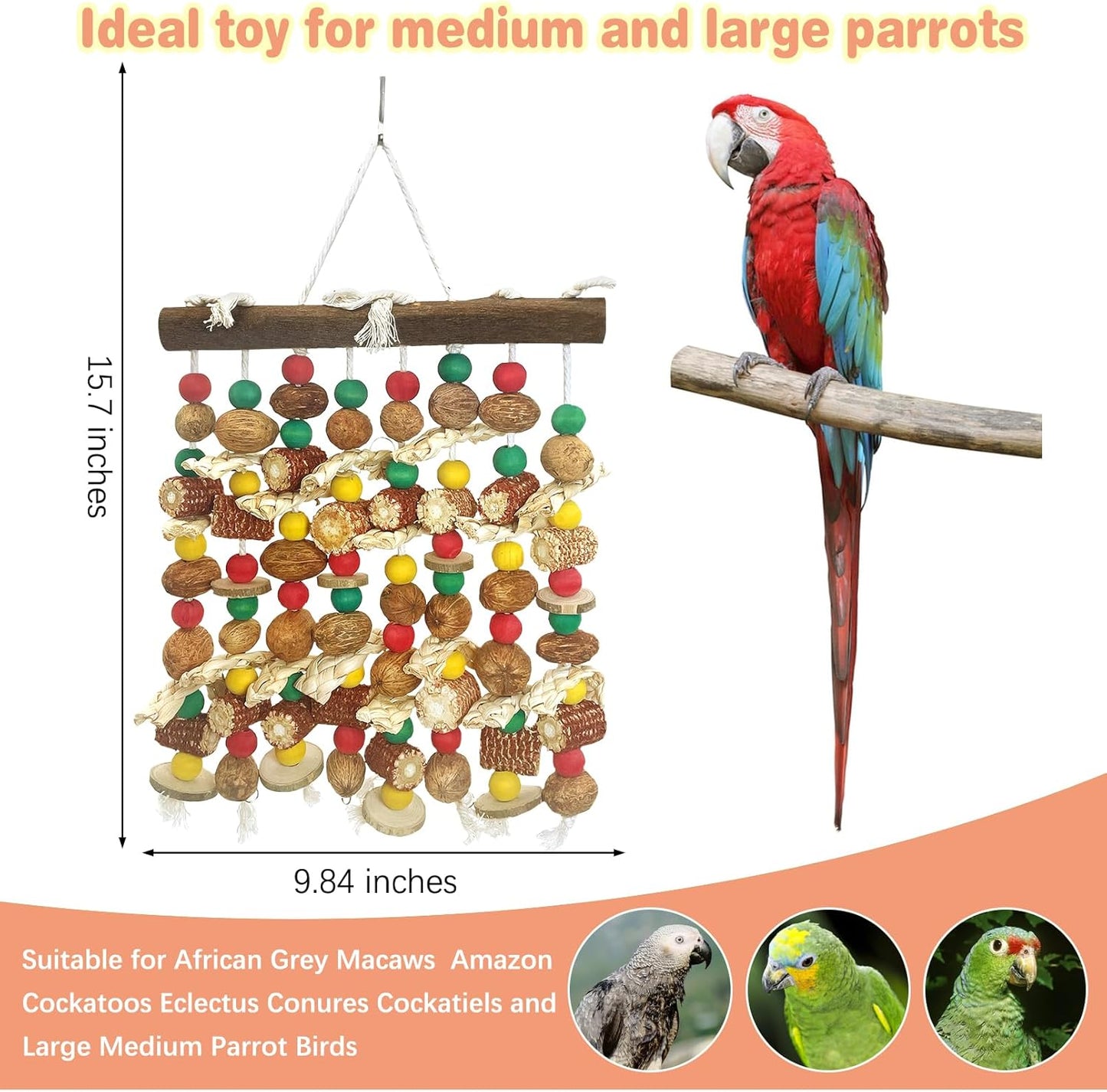 PINVNBY Large Parrot Toys Natural Nuts Corn Cob Wooden Chewing Tearing Toy for African Grey Macaws Amazon Cockatoos Eclectus Conures Cockatiels Cockatoo and Large Medium Parrot Birds (Colorful)
