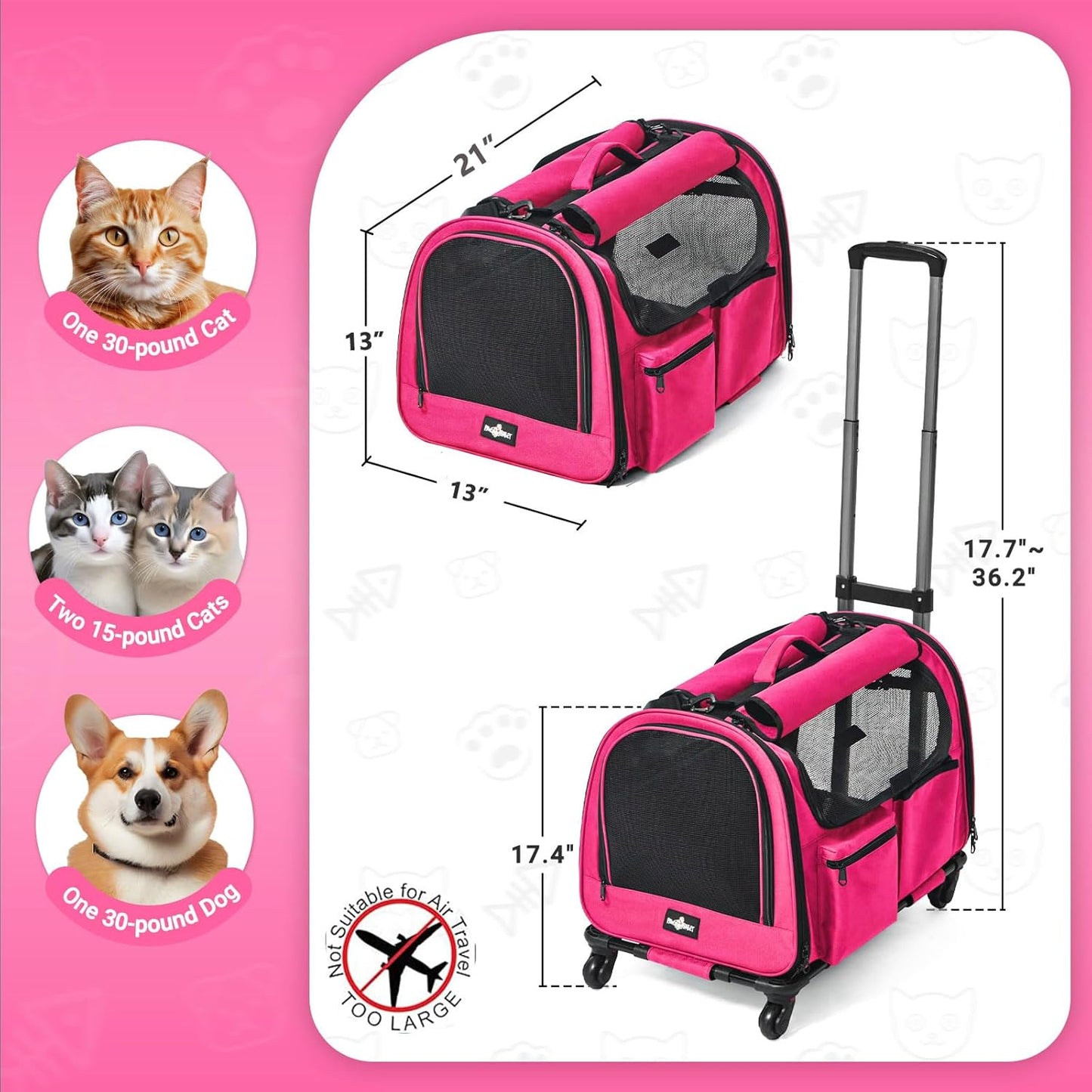 Large Pet Carrier with Wheels, Foldable Rolling Dog Carrier with Big Pocket, Cat Rolling Bag 21"x13"x13"for 2 Cats &Dogs, Use for Travel, Outdoor, Vet Visits, Camping, Indoor. Pink