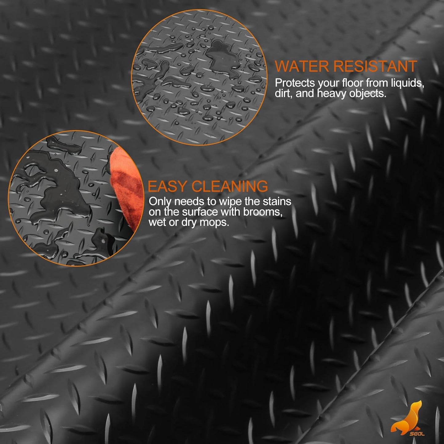 SEAL 4 x 15 Ft Premium Garage Floor Mat, Solid 2.8mm Thickened Black Commercial Grade Heavy Duty Parking Mat for Garage Floor, Golf Cart, Water/Stain Resistant Floor Runner (Embossed Diamond Plate)