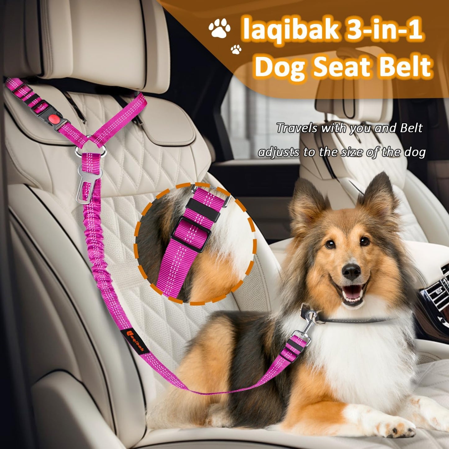Removable Dog Seat Belt Harness for Car, 3 in 1 Pet Dog Car Seatbelt Leash, Retractable Restraint Secures to Vehicle Headrest & Adjustable Reflective Bungee Dog Seatbelt Tether, Rose