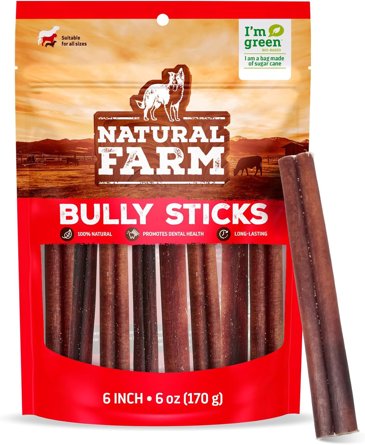 Natural Farm Odor-Free Bully Sticks (6 Inch, 6 Ounces), Packaged by Weight, 100% Beef Chews, Grass-Fed, Fully Digestible Treats to Keep Your Puppies, Small and Medium Dogs Busy