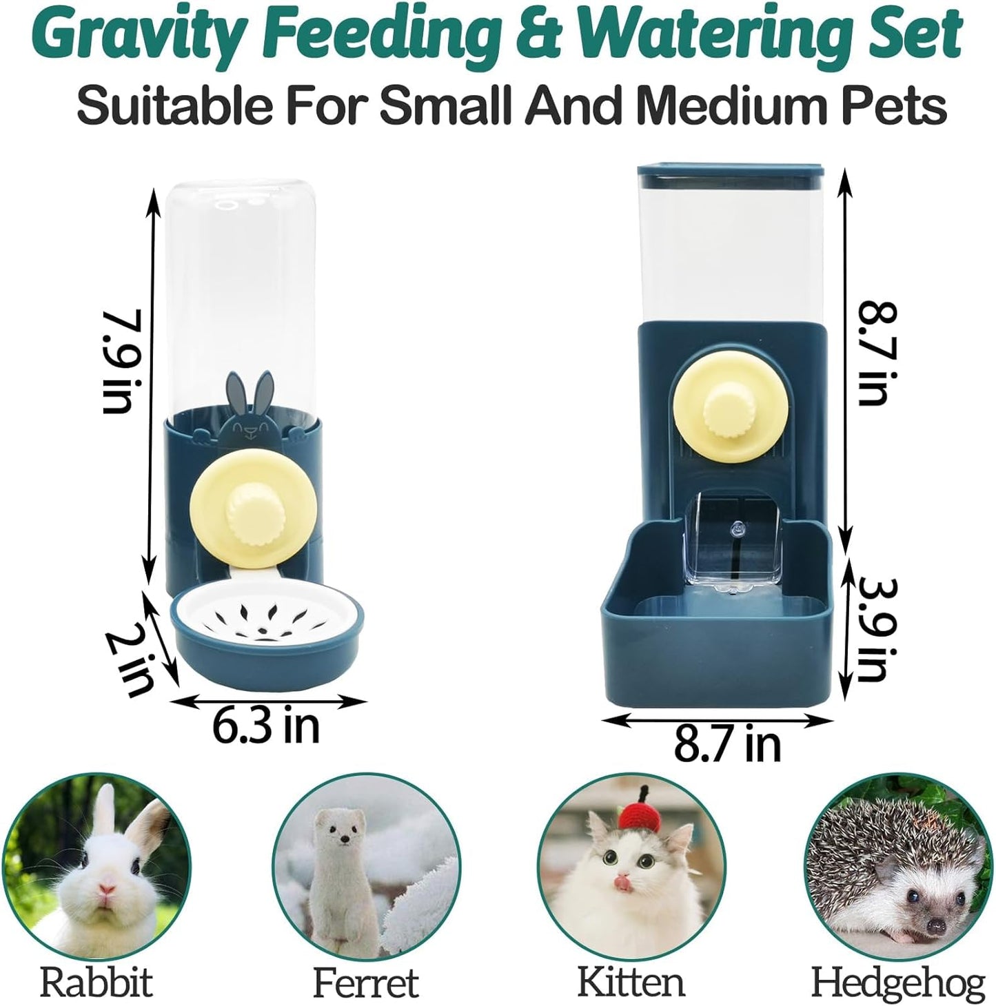 kathson Hanging Automatic Rabbit Pet Food and Water Dispenser, Auto Gravity Bunny Feeders for Cages, Detachable Self-Feeding Feeder and Waterer Set for Ferrets Chinchilla Hedgehog (Dark Blue)