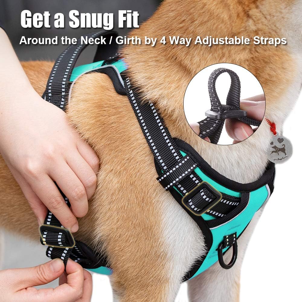 PoyPet No Pull Dog Harness, Reflective Comfortable Vest Harness with Front & Back 2 Leash Attachments and Easy Control Handle Adjustable Soft Padded Pet Vest for Small to Large Dogs (Mint Blue,L)