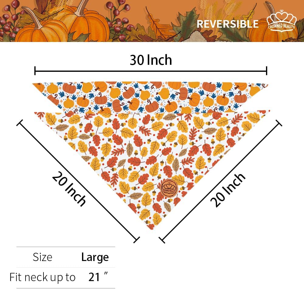 CROWNED BEAUTY Fall Dog Bandanas Reversible Large 2 Pack, Pumpkin Leaves Set, Orange Adjustable Triangle Holiday Scarves for Medium Large Dogs Boy Girl Pets DB180-L