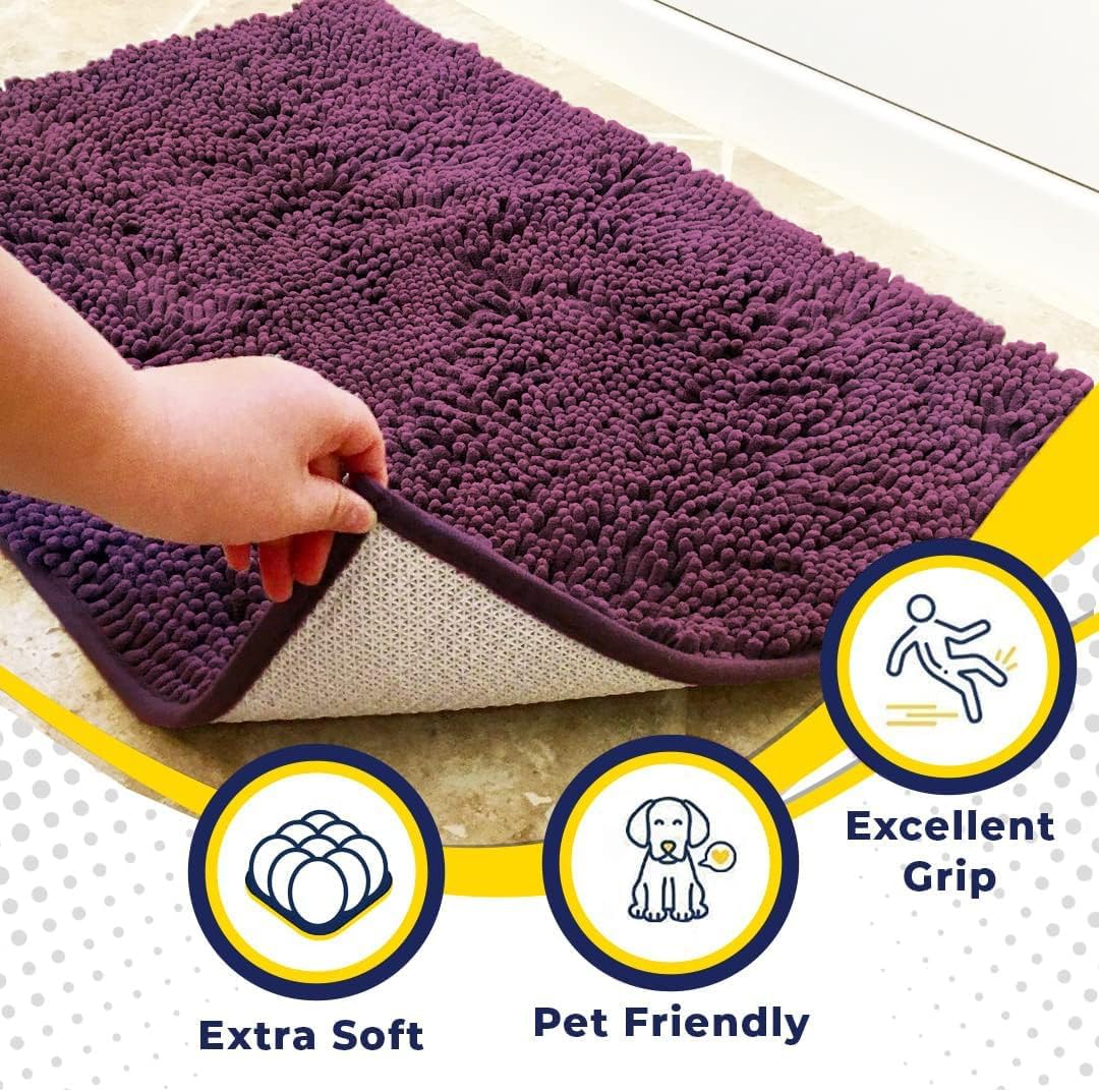 Muddy Mat® AS-SEEN-ON-TV Highly Absorbent Microfiber Door Mat and Pet Rug, Non Slip Thick Washable Area and Bath Mat Soft Chenille for Kitchen Bedroom Indoor and Outdoor - Dark Purple 24" x 96"