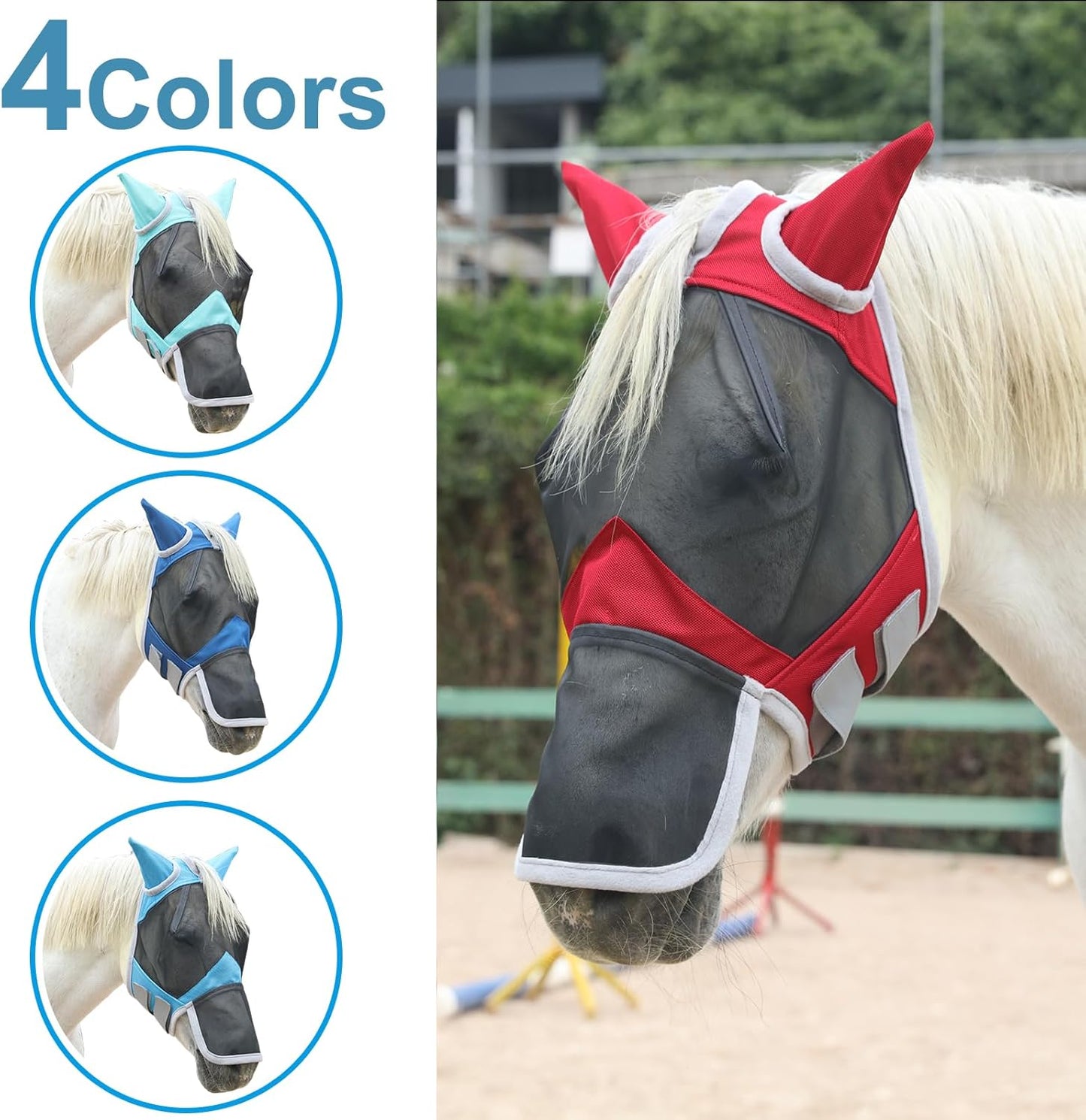 Horse Fly Mask with Ears & Long Nose Cover | Forelock Opening for Tangle-Free Mane Care | UV Protection & Breathable Mesh | No Rub Fit and Enhanced Visbility for Trail Riding Red Full