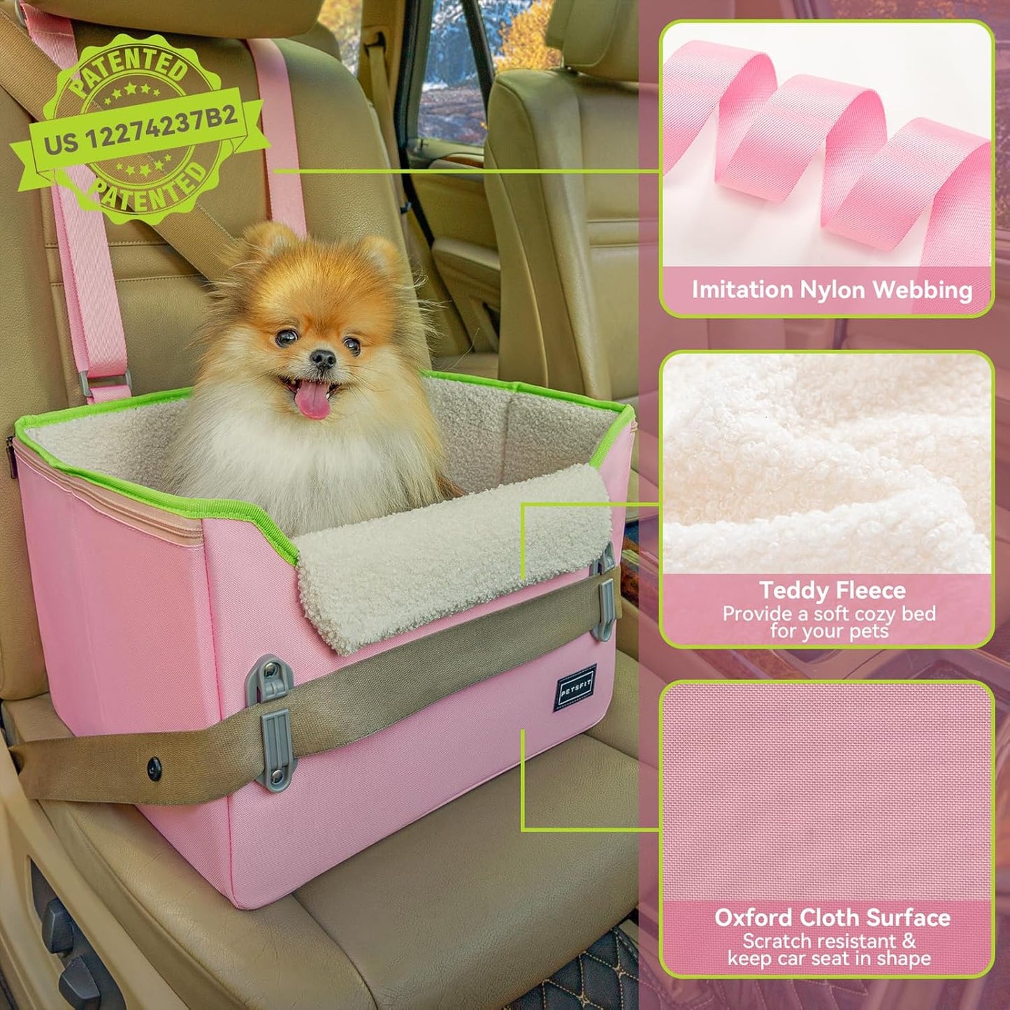 PETSFIT Small Dog Car Seat, Patent Safe Buckles Dog Booster Car Seat, Cat Car Seat with Safety Belt, Suitable for Small Pets Up to 25lbs (Pink)