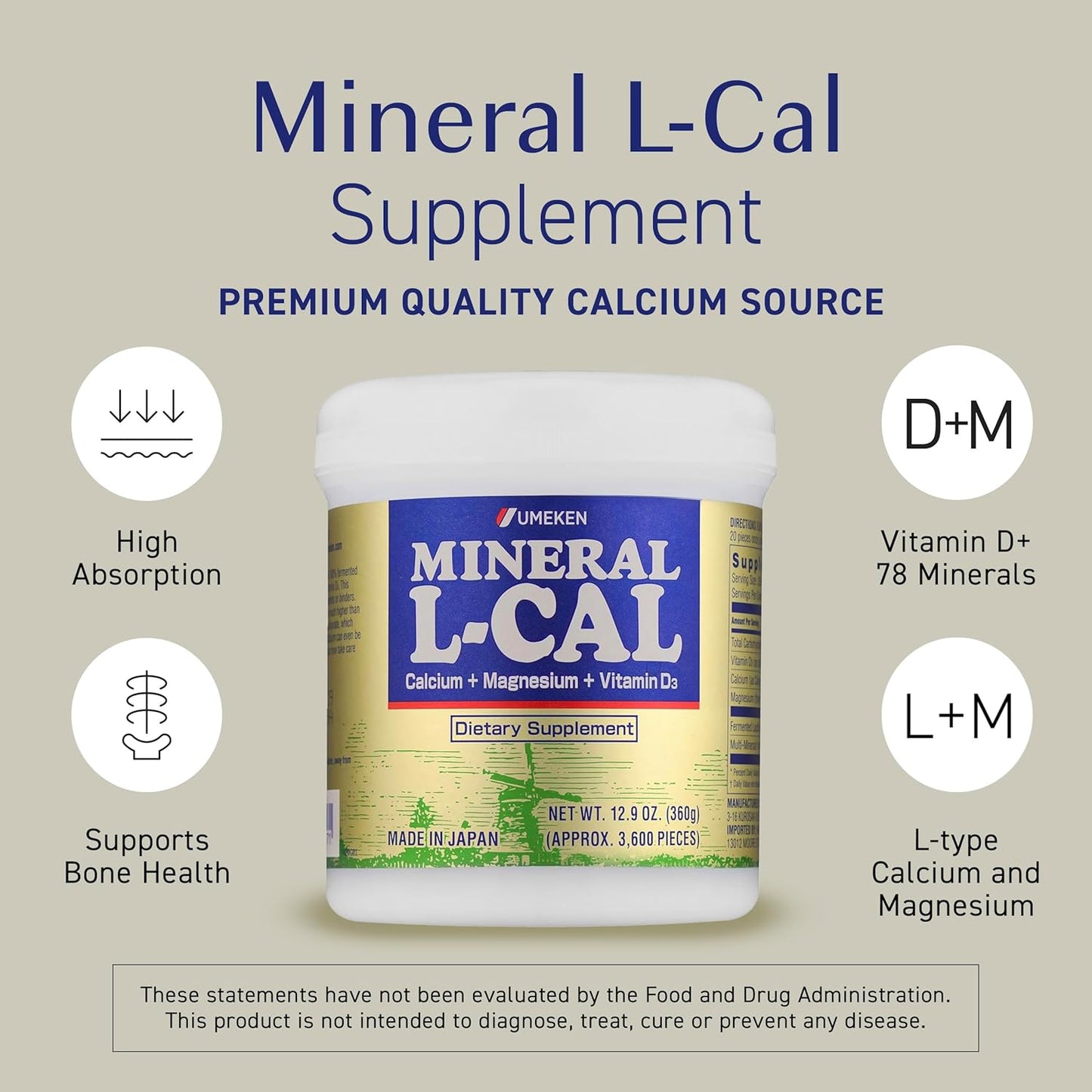 Umeken Mineral L-Cal Calcium with Vitamin D3, 6 Month Supply, Water Soluble Ball Format with Magnesium & Minerals, Fast Absorbing Calcium Magnesium D3 Supplement, 3,600 Balls, 360g, Pack of 1
